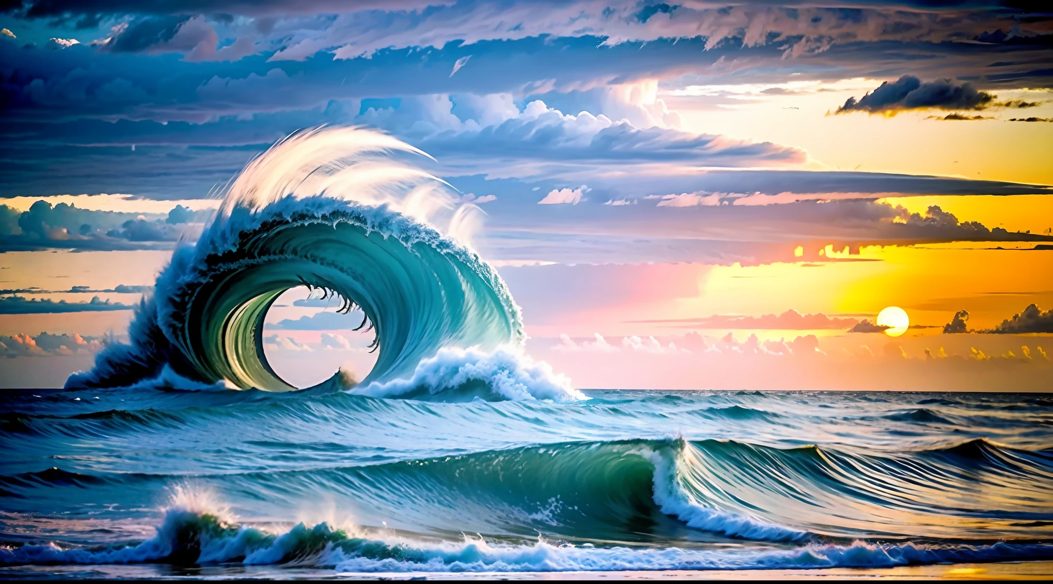 (colorfulsurrealismai)++, waves, sunset, ((storm)),