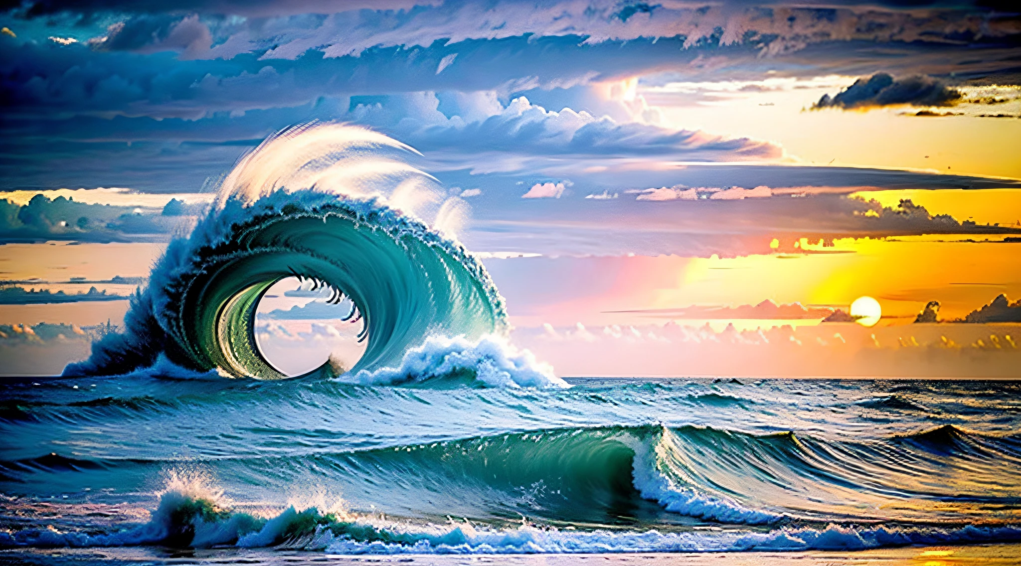 (colorfulsurrealismai)++, waves, sunset, ((storm)),