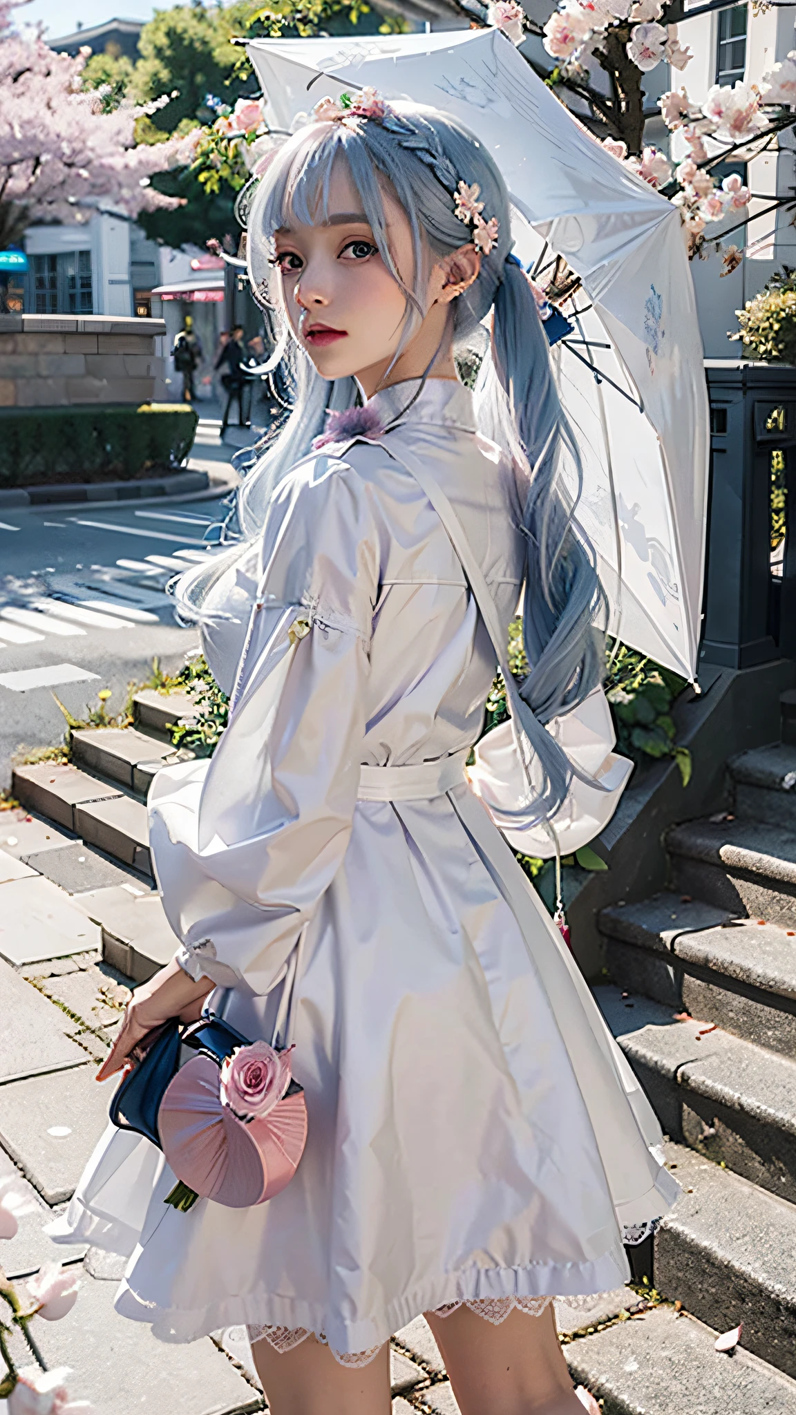 1 girl, bird, umbrella, long hair, outdoor, dress, solo, blue eyes, holding, white dress, pink flower, flower, white hair, day, holding umbrella, petal, bag, stairs, long sleeves, looking at the audience, sky, bangs, turning back, cherry blossoms, sailorswain, hair flower, blue sky, standing, hair ornament, bow, tree