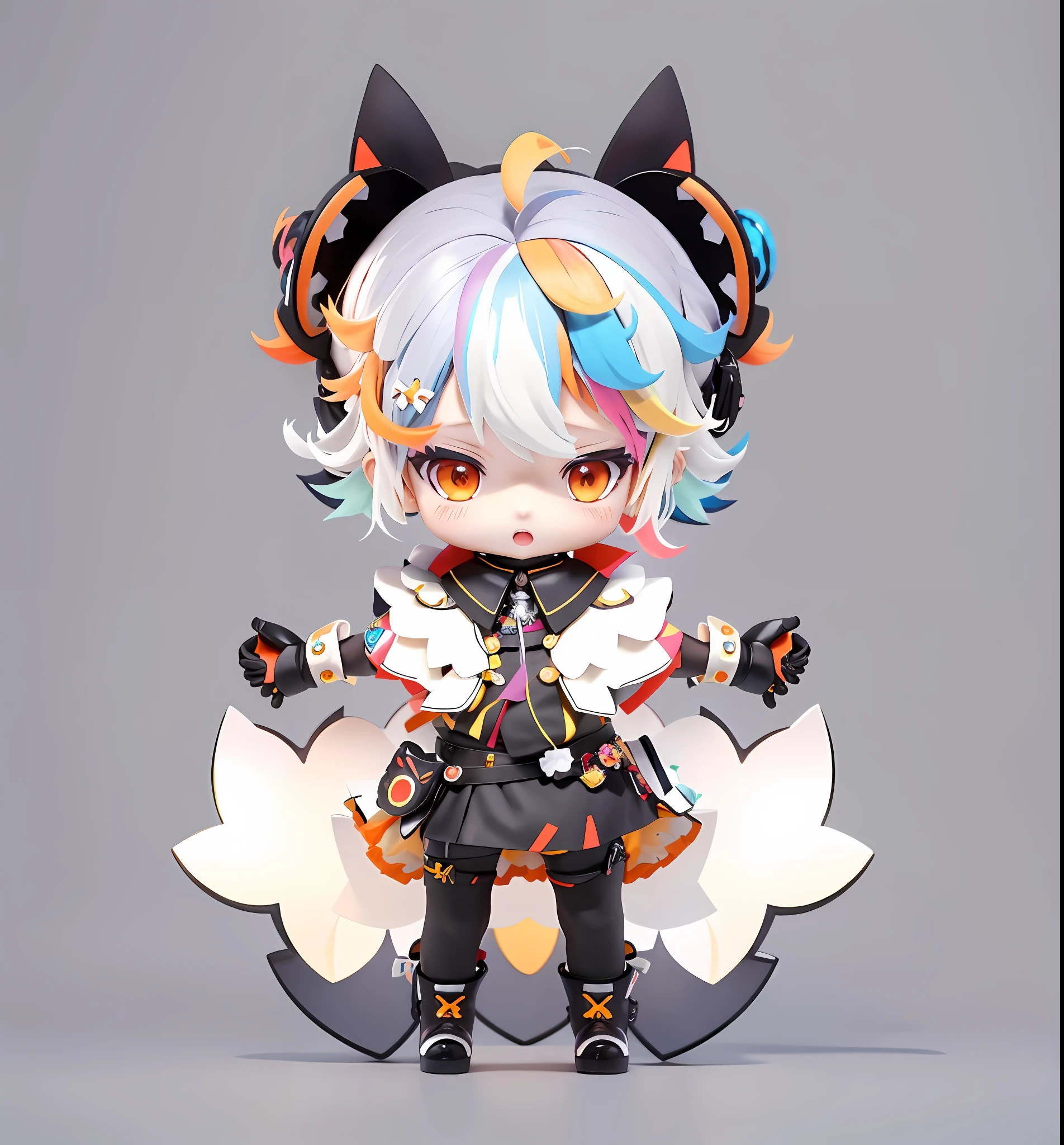 chibi, solo, grey background, 1boy, orange eyes, multicolored hair, male focus, open mouth, simple background, blonde hair, full body, gloves, looking at viewer, hair ornament, virtual youtuber, streaked hair, black footwear, ahoge, white hair, black gloves, blue hair, standing