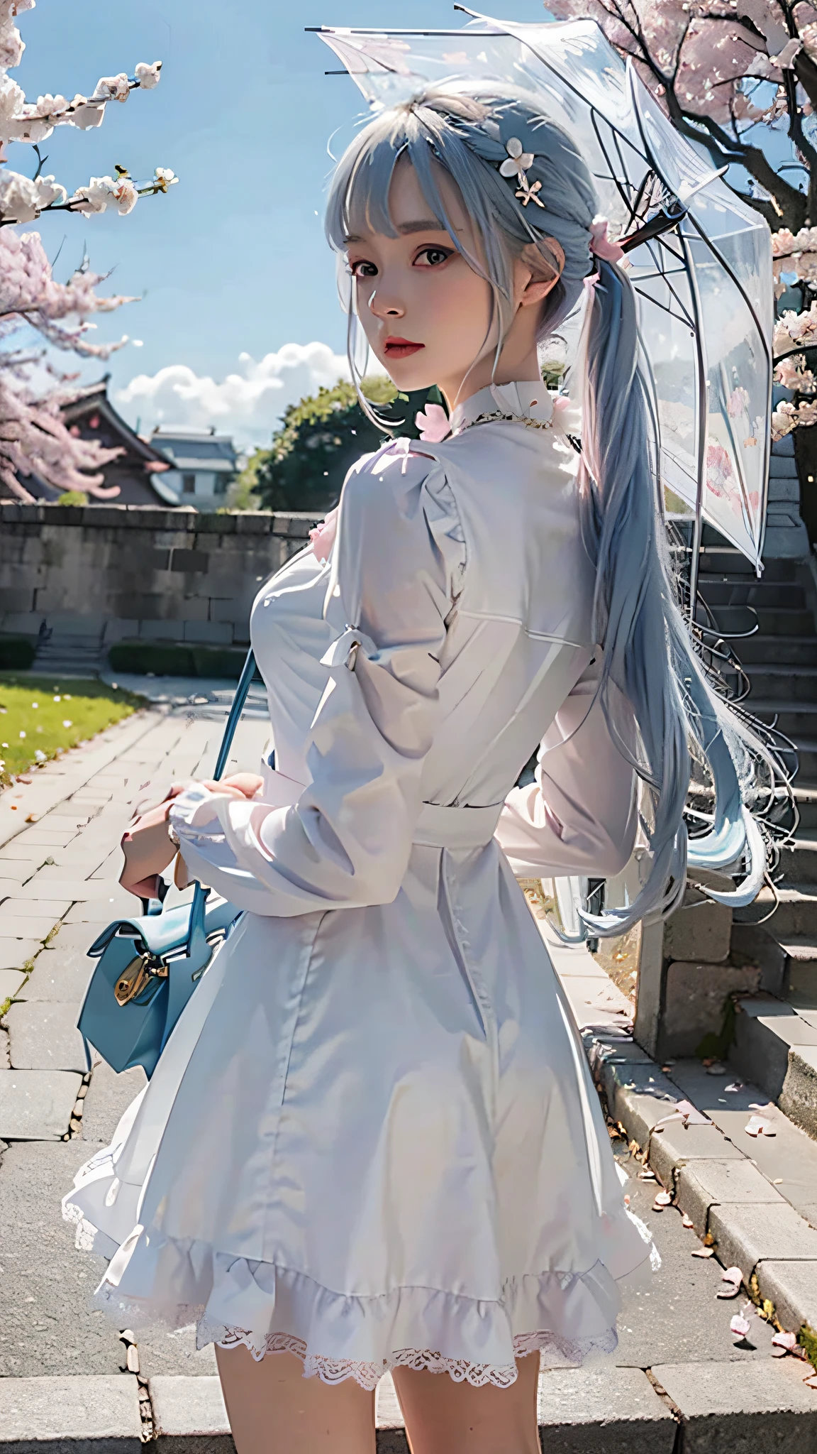 1 girl, bird, umbrella, long hair, outdoor, dress, solo, blue eyes, holding, white dress, pink flower, flower, white hair, day, holding umbrella, petal, bag, stairs, long sleeves, looking at the audience, sky, bangs, turning back, cherry blossoms, sailorswain, hair flower, blue sky, standing, hair ornament, bow, tree