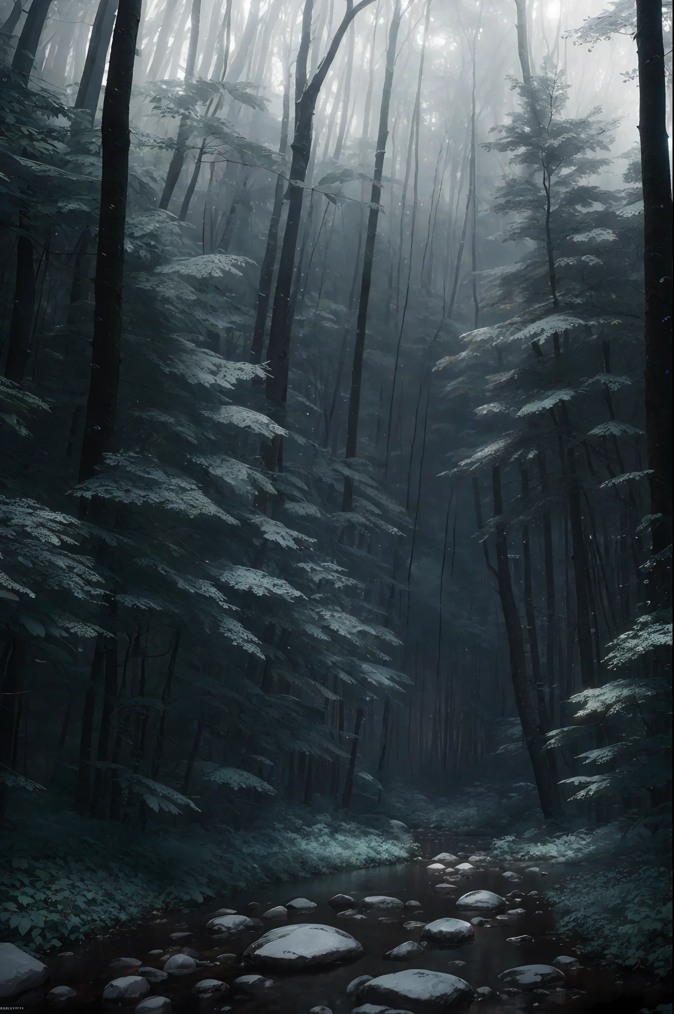 A dense forest in the midst of a heavy nighttime downpour, with raindrops cascading down the trees and thunder rumbling in the distance, masterpiece, best quality, high quality, extremely detailed CG unity 8k wallpaper, oil paiting, award winning photography, Bokeh, Depth of Field, HDR, bloom, Chromatic Aberration ,Photorealistic,extremely detailed, trending on artstation, trending on CGsociety, Intricate, High Detail, dramatic, art by midjourney, (volumetric lighting:1.2)