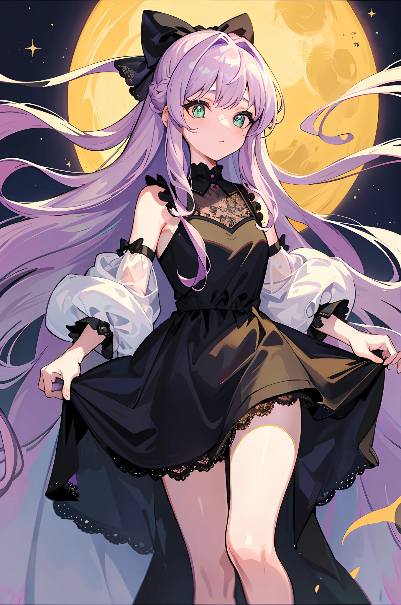 (Masterpiece, best quality), lilac hair, black headband with bow, golden-green pupils, clear picture quality, single, slightly curly long hair, girl, knotless hair, adult girl, black dress, lace gold rim, eldest lady, moon background, delicate