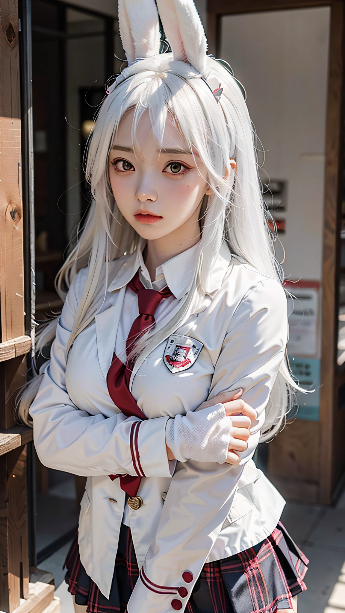 Anime girl with white hair and bunny ears, red eyes, shy blush, school uniform