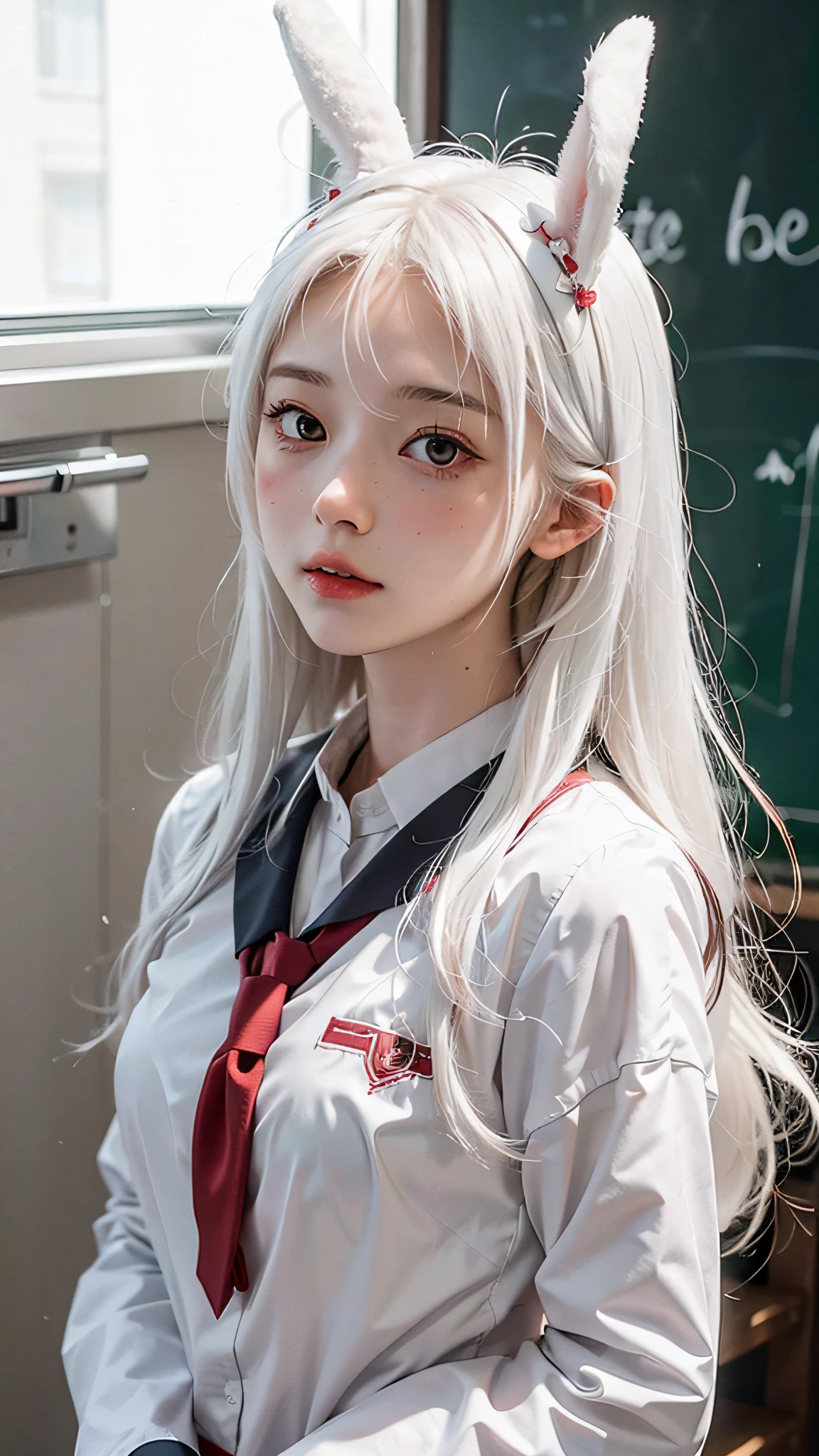 Anime girl with white hair and bunny ears, red eyes, shy blush, school uniform