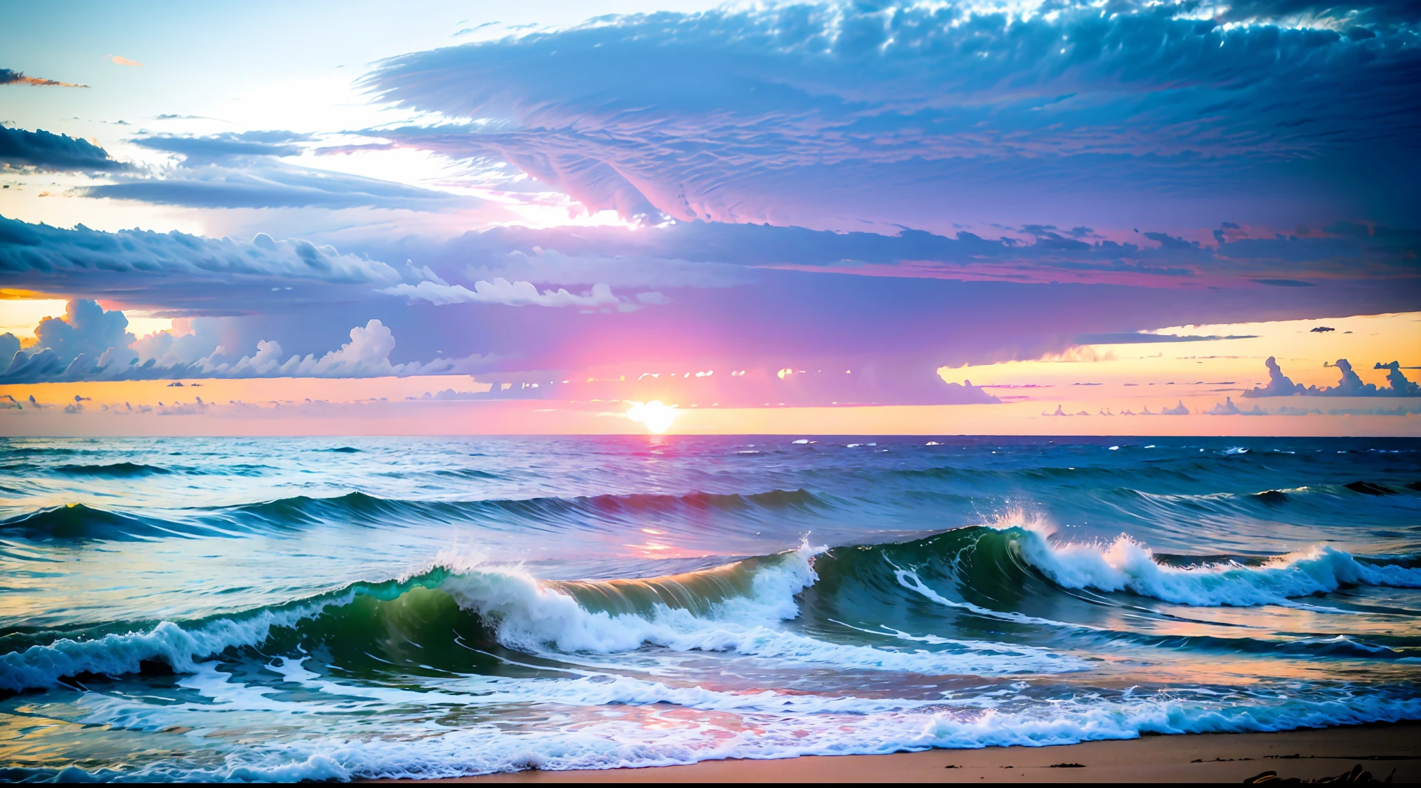 (colorfulsurrealismai)++, meditation, waves, sunset, ((storm)),