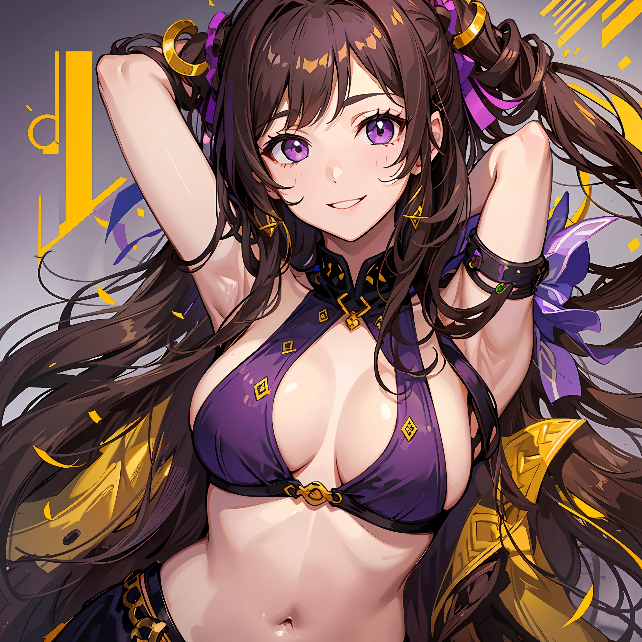 young girl, long brown hair, heterohromia (left eye purple, right eye yellow), inner sideboob, open belly, smile, purple top, masterpiece, high quality,