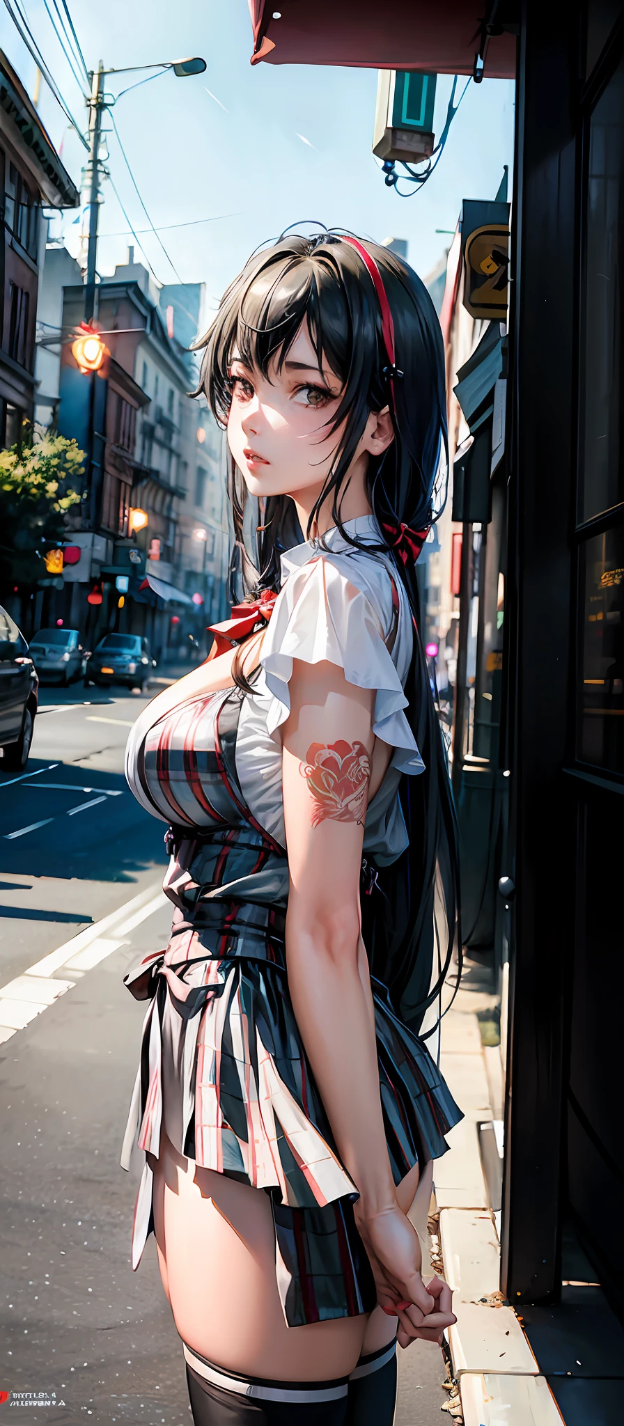 Waist high potrait, Tattoos woman, heavy Breasted, school uniform, colalred white shirt, plaid miniskirt, red bowtie, art by Mandy Disher, digital art 8k, art by cameron gray, sinful girl in a cafe, standing on a street curb, fantastic face, beautiful look, detailed hair, ultra focus, face illuminated, face detailed, 8k resolution, watercolor, razumov style. art by Razumov and Volegov, art by Carne Griffiths and Wadim Kashin rutkowski repin art station hyperrealism painting concept art of detailed character, 4 k resolution blade runner, (make her yukino yukinoshta:1.5)