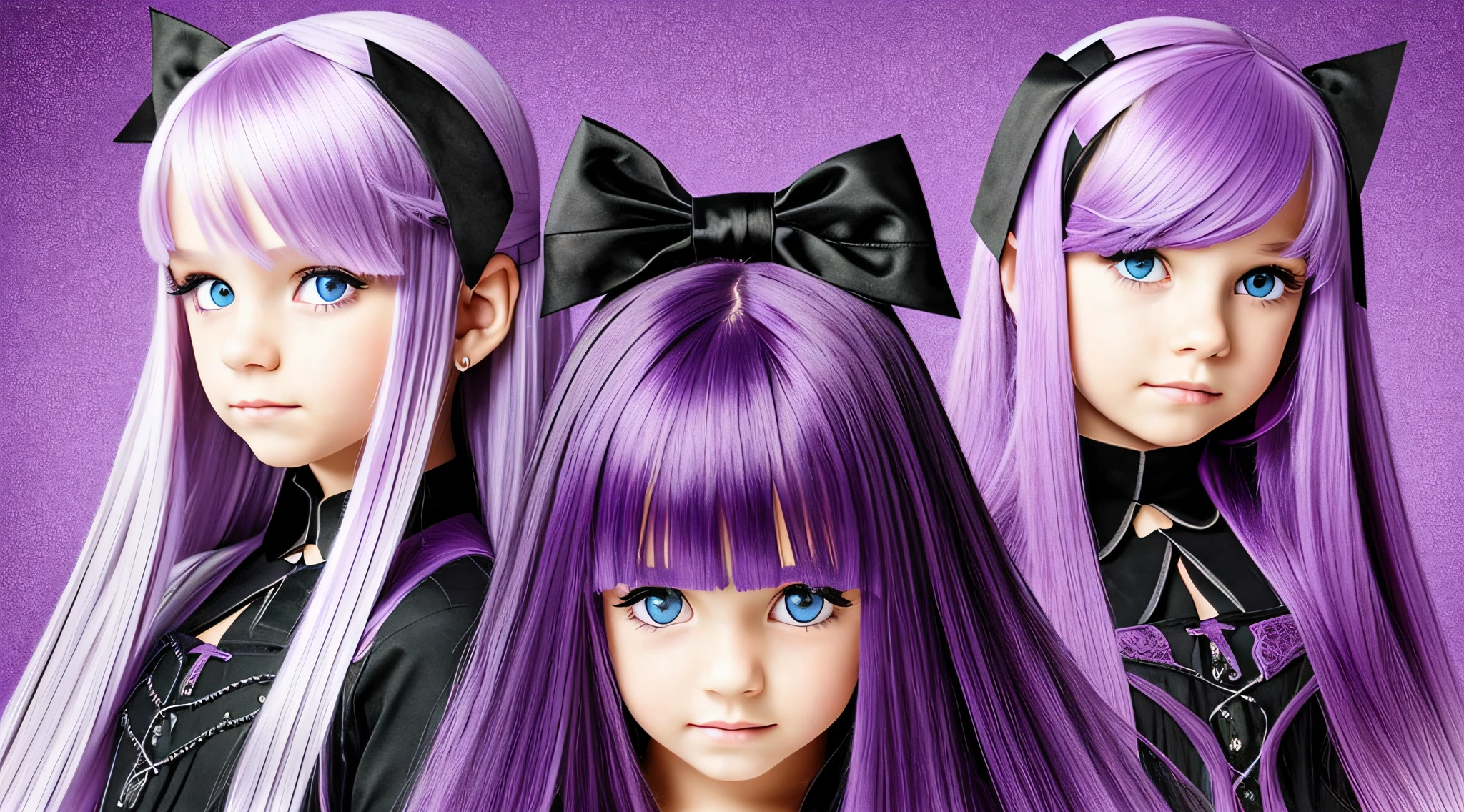 GIRLS CHILDREN, BLONDES WITH VERY LONG STRAIGHT GOTHIC HAIR, PURPLE BACKGROUND.