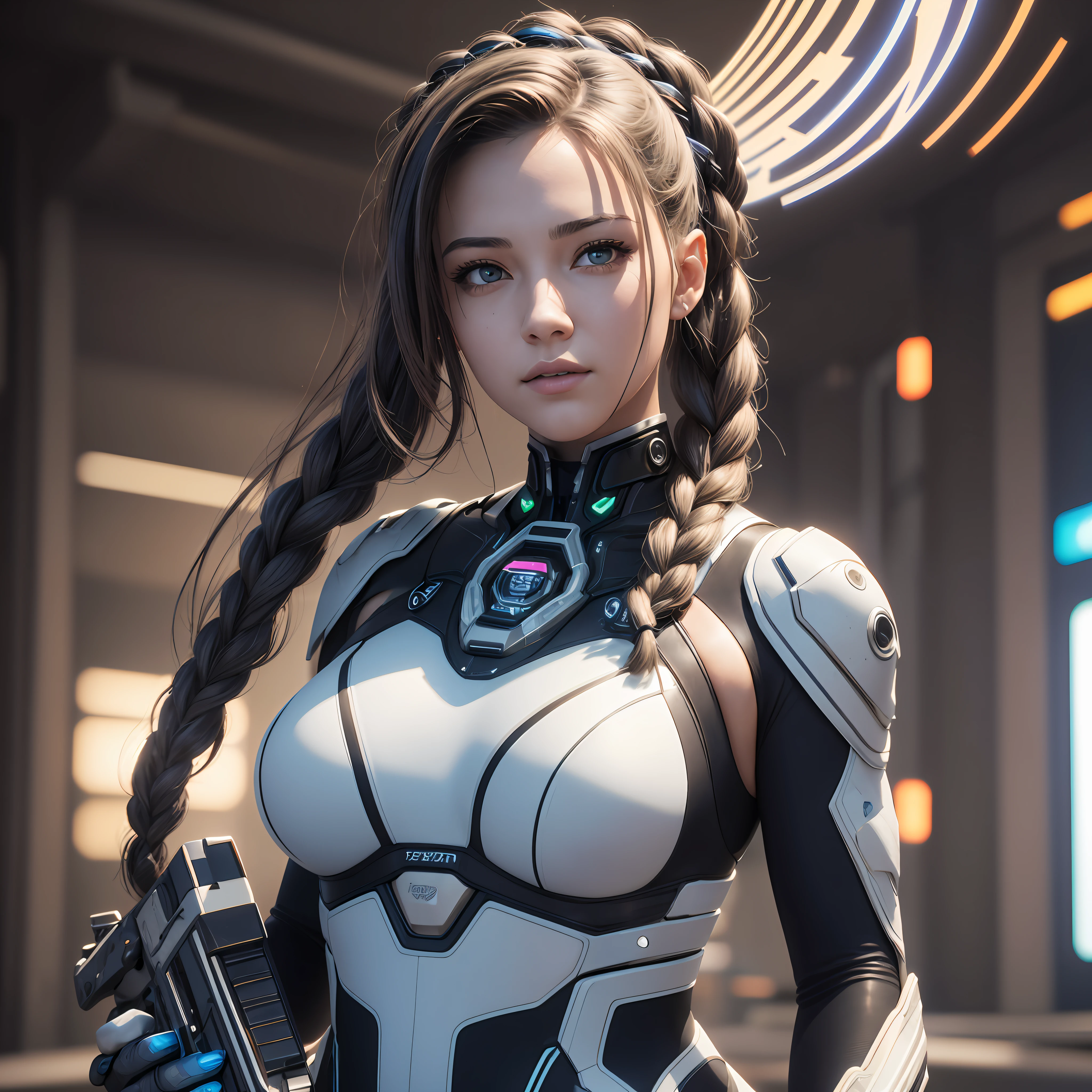 ((Best Quality)), ((Masterpiece)), (detail: 1.4), 3D, Image of a beautiful cyberpunk woman with braids on her head, HDR (High Dynamic Range), Ray Tracing, NVIDIA RTX, Super Resolution, Unreal 5, Subsurface Scattering, PBR Textures, Post Processing, Anisotropic Filtering, Depth of Field, Maximum Sharpness and Sharpness, Multi-layer Textures, Albedo and Highlight Maps, Surface Coloring, Accurate Simulation of Light-Material Interactions, Perfect Proportions, Octane Rendering, Two-tone lighting, large aperture, low ISO, white balance, rule of thirds, 8K RAW, realistic style woman in swimsuit, holding gun, cyborg girl, --auto --s2