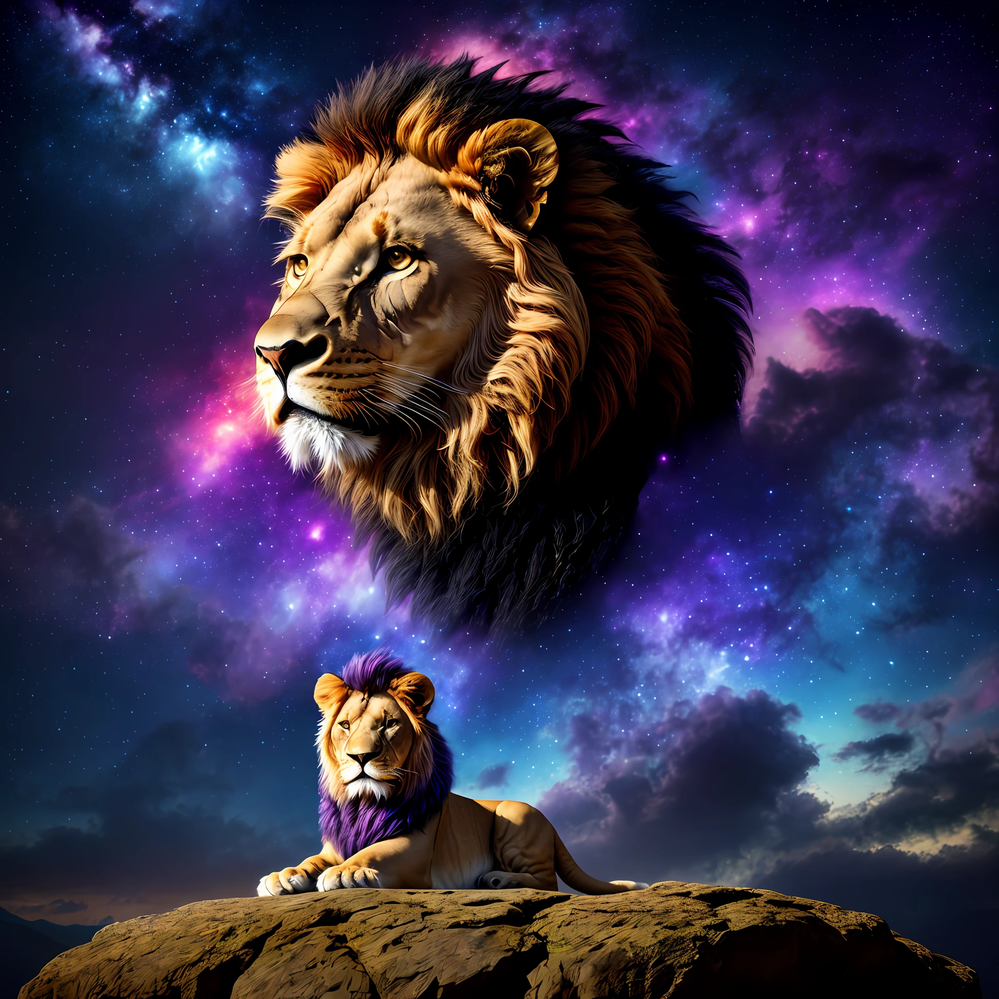 Perfect and imposing lion, without distortions, in a striking position, with flaming eyes, on top of a rock, with a purple and blue nebula baby background, perfect photography, ultra realistic photography, 12k, ultra resolution, cinematic, HDR,