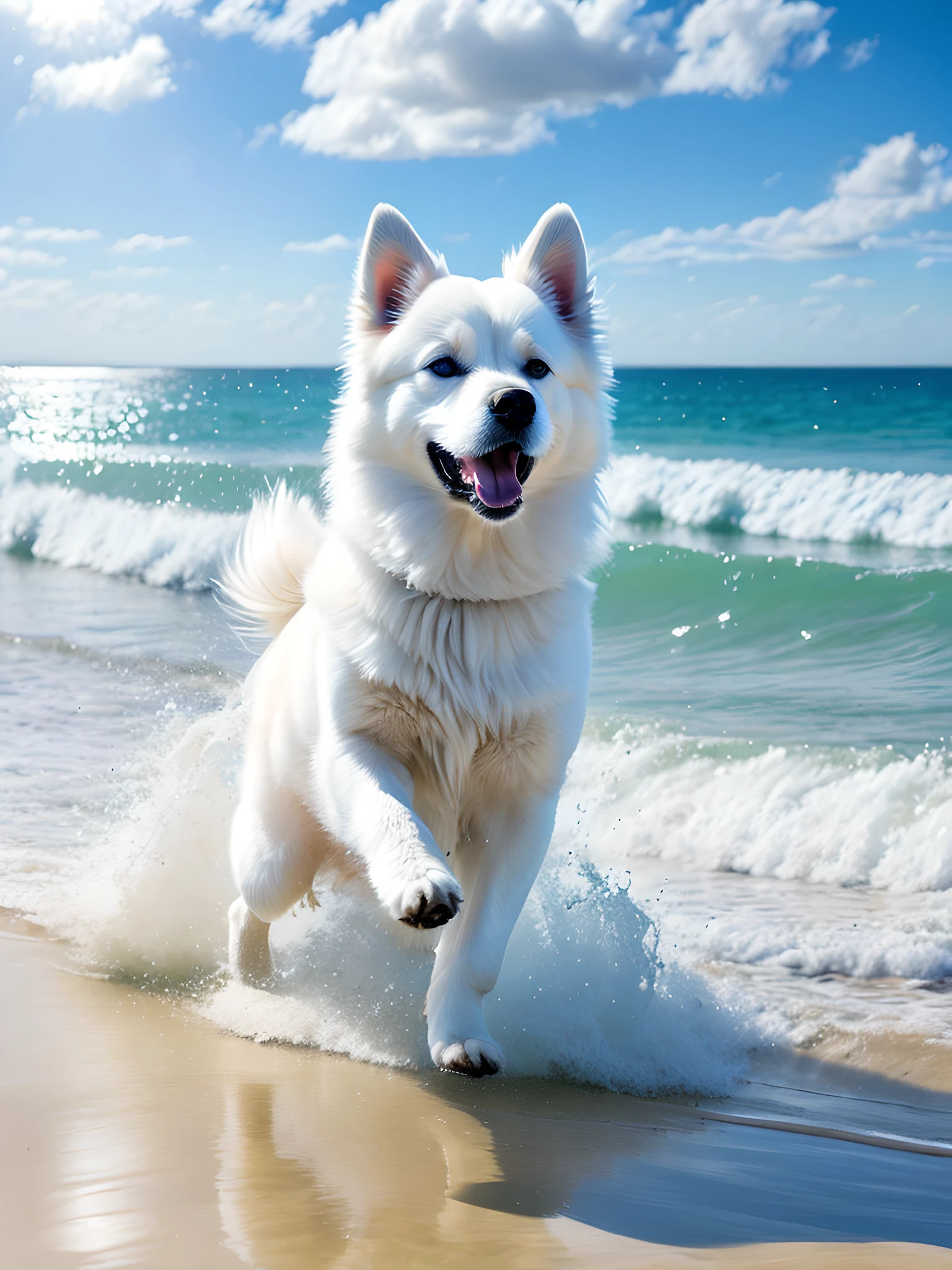 Photo of a very cute jumping Samoyed dog on the beach, splashing water, sea in the background, waves, blue sky, white clouds, soft volumetric light, (backlight: 1.3), (movie: 1.2), intricate details, (ArtStation: 1.3), Rutkowski