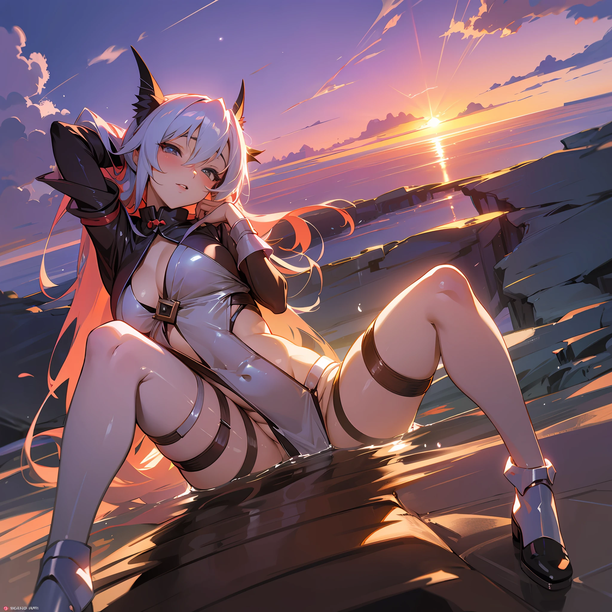 Sexy cosplay in sexy hentai anime style position in a gorge at 4k sunset --auto --s2