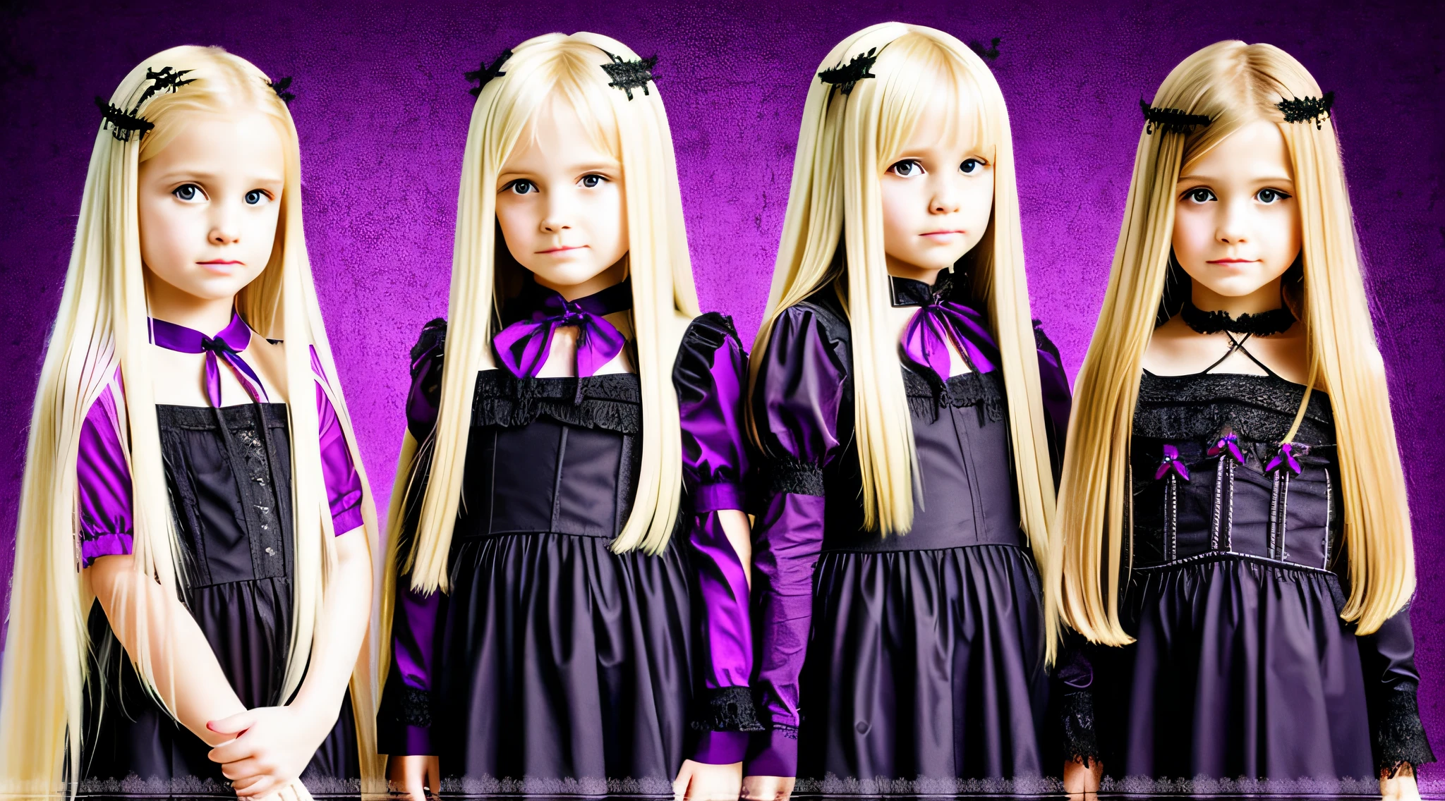 GIRLS CHILDREN, BLONDES WITH VERY LONG STRAIGHT GOTHIC HAIR, PURPLE BACKGROUND., BACKGROUND OF CROSSES.