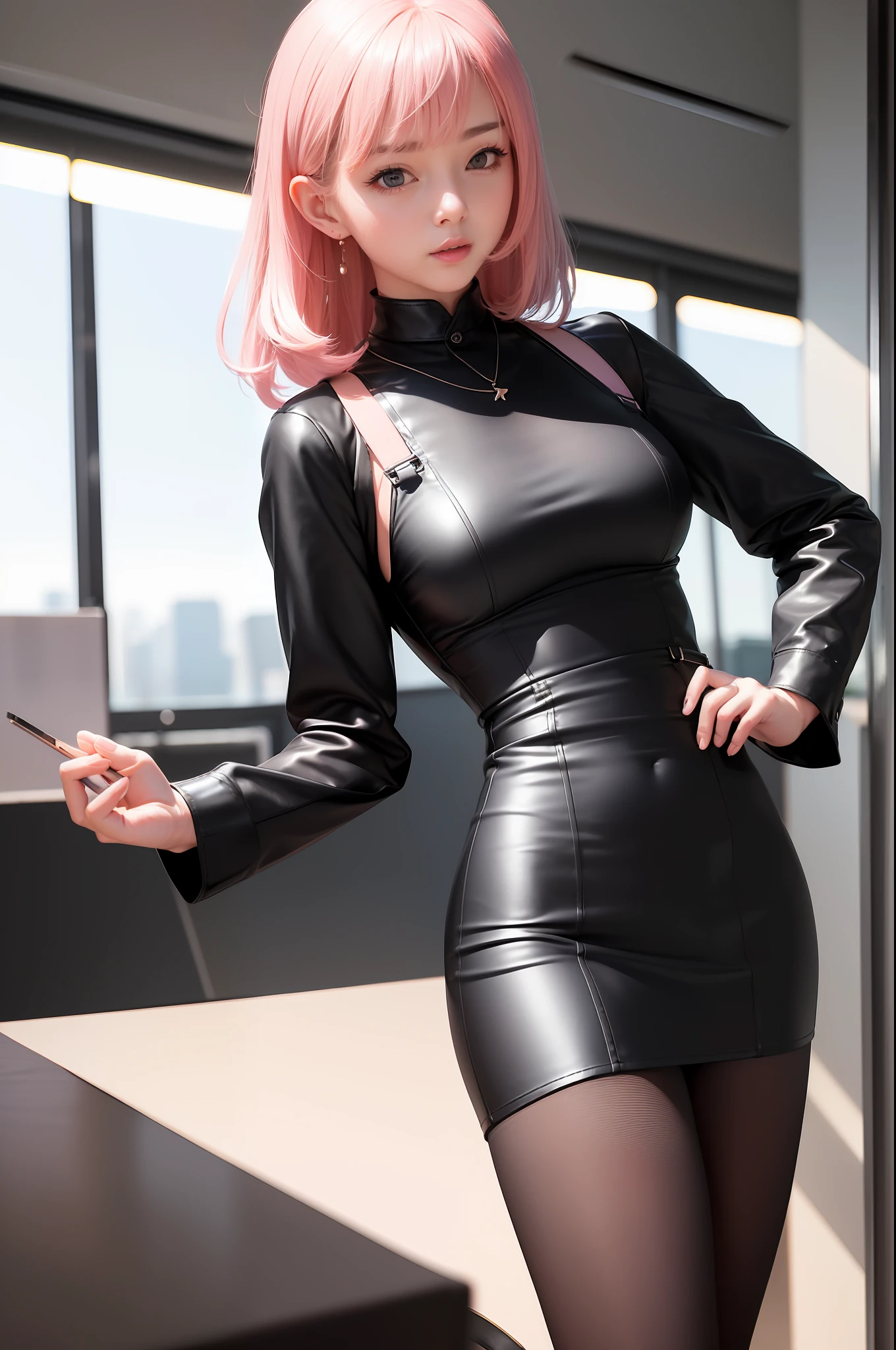 Masterpiece, Superb Quality, Realism, 1Girl, Walking in Beijing, ((Sexy Office Girl, Suspenders, Tight Mini Black Leather Dress)), Fancy Necklace, Chunky Thighs, F-cup Bust, Dress Angle, (PureErosFace_V1:0.6 ), Pink Hair