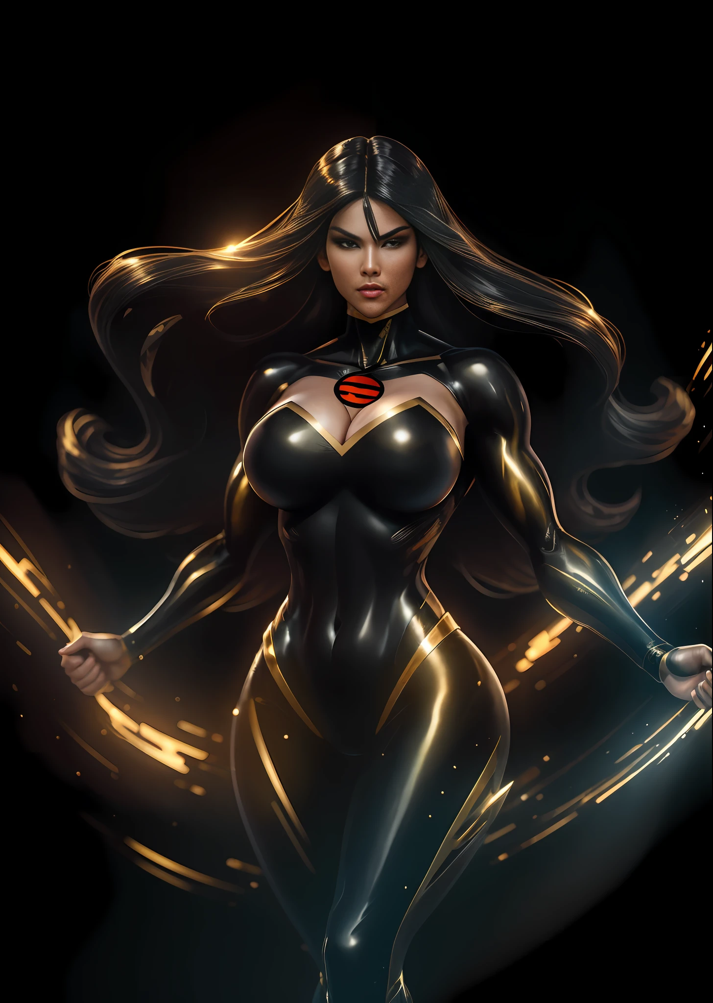 (masterpiece), best quality, high resolution, ultra-detailed, Busty and Fit Superwoman in her iconic Black and Gold suit, long Black Hair, dynamic angle, powerful pose, floating, vibrant colors, glowing effect, volumetric light, dark background.