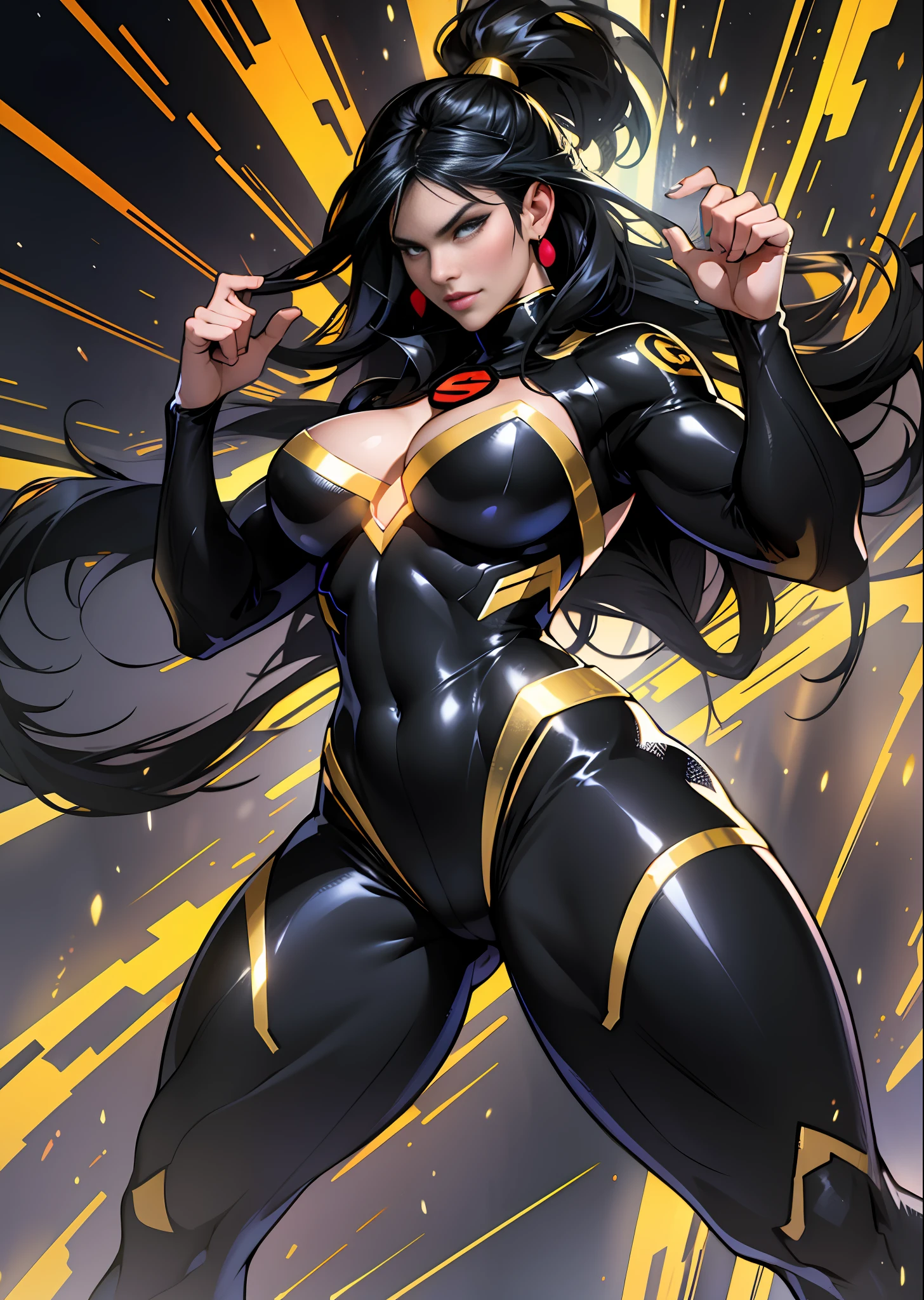 (masterpiece), best quality, high resolution, ultra-detailed, Busty and Fit Superwoman in her iconic Black and Gold suit, long Black Hair, dynamic angle, powerful pose, floating, vibrant colors, glowing effect, volumetric light, dark background.