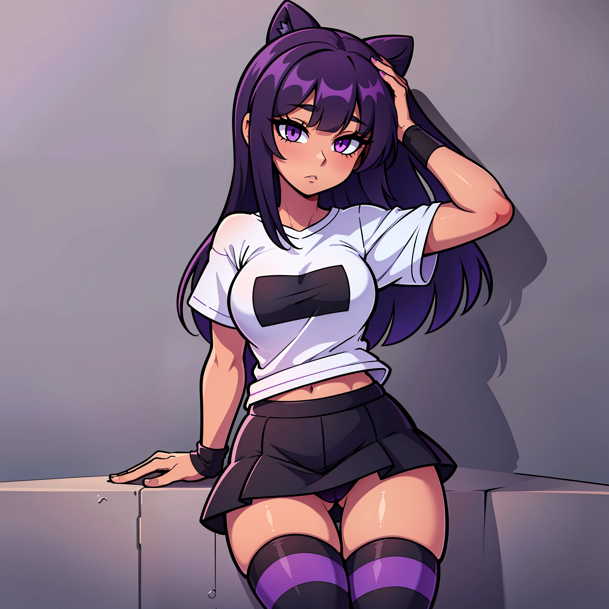 A beautiful girl with tanned skin, black and purple hair with bangs, wearing a plain tee-shirt colored black, a black skirt, and striped black and purple thigh-high socks