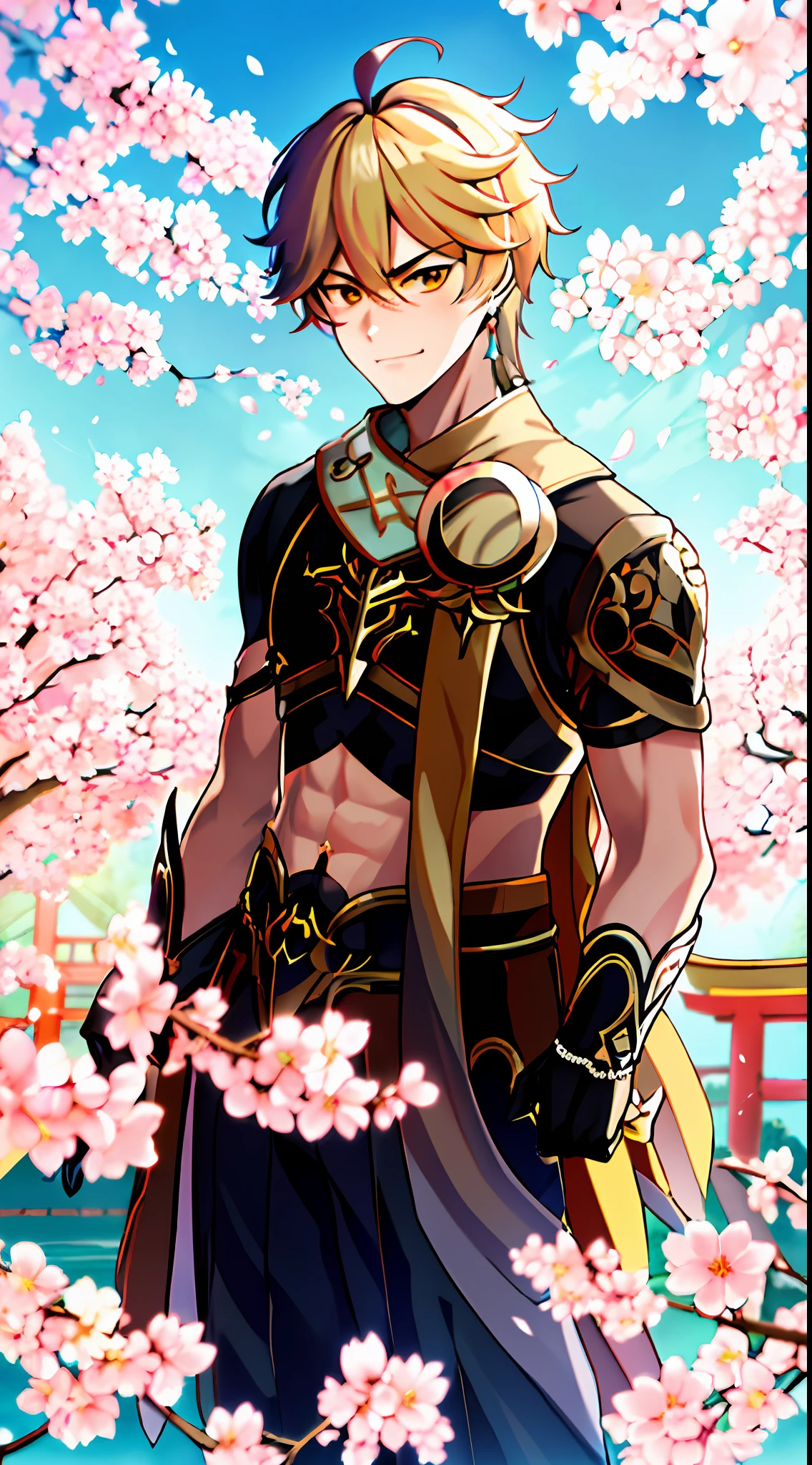 Masterpiece, Best Quality, Ultra Detailed, Ultra High Contrast, Intricate Details, Best Shadow, Dynamic Angle, Ether (Genshin Impact), 1Boy, Smirk, Angry, Torii Gate, Sakura Petals, Ladder, Beautiful Landscapes, Japan, Earrings, Short Sleeves, Midriff, Navel, Scarf