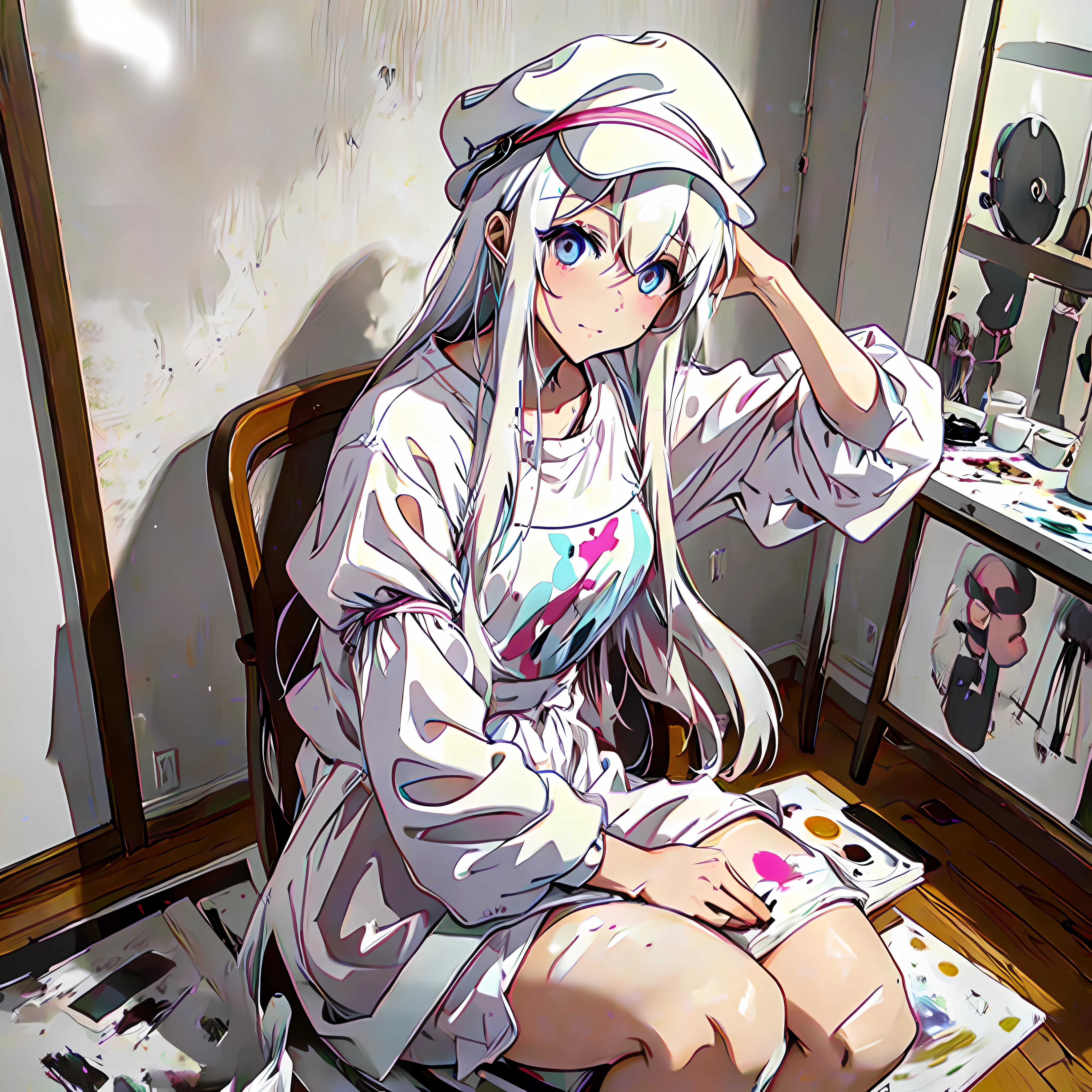 White-haired girl, chaotic eyes, white painting hat, pale pink satchel, clean clothes, obediently sitting in the studio to paint