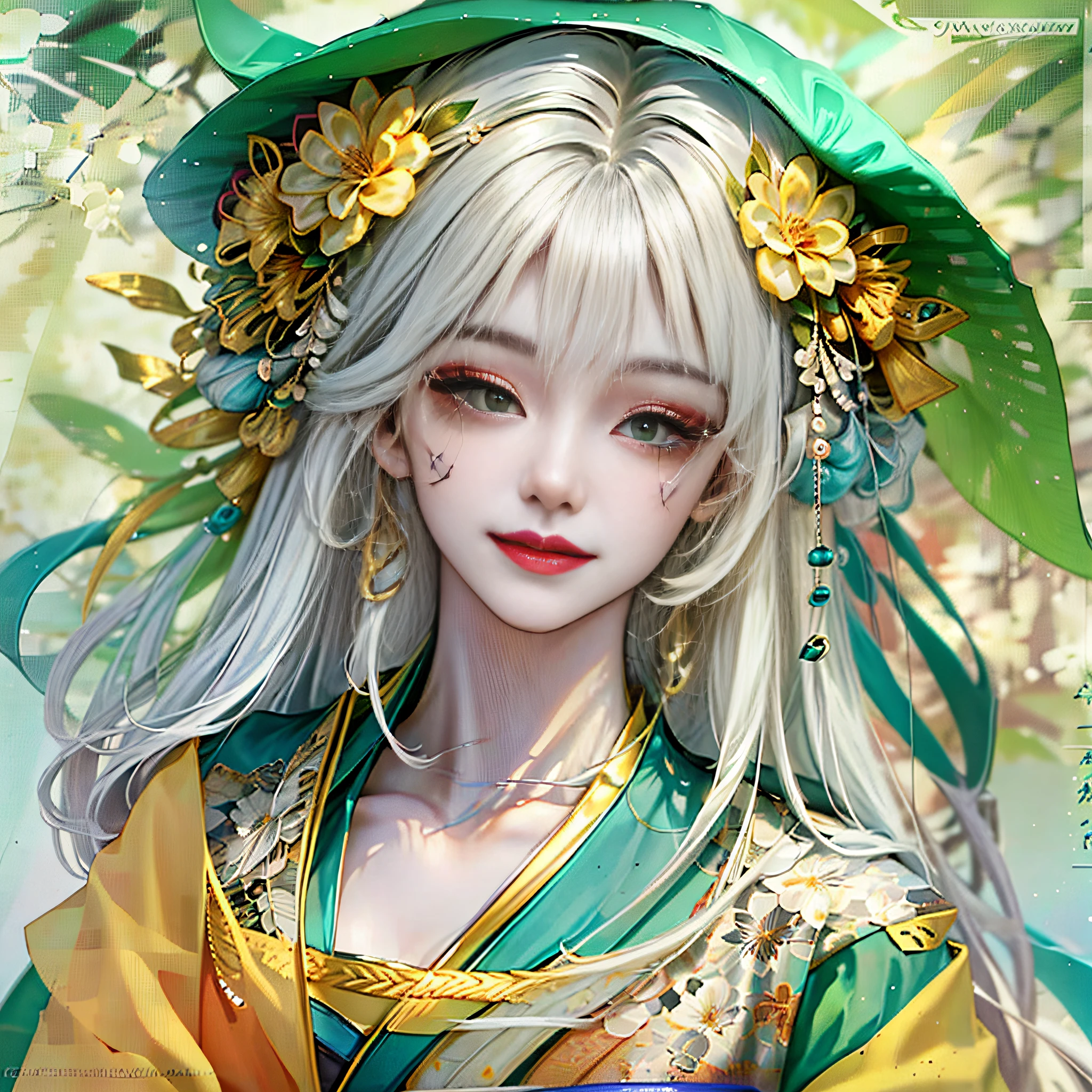 best quality, 1girl, yellow hair, side swept bangs, sidelocks, green eyes, tied hair, traditional clothes, kimono, flower on head, smile, grin, text, logo, culture, face, colorful background, rainbow