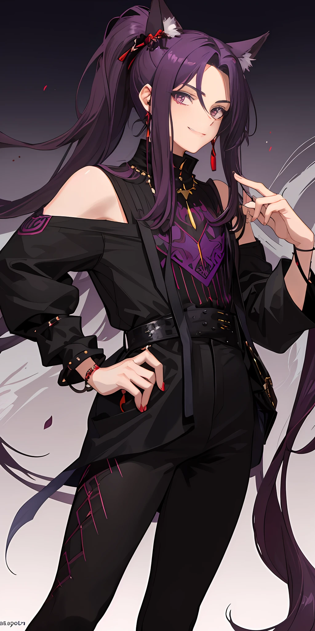 A young guy with feminine facial features, crimson eyes, long dark purple hair, partially gathered in a ponytail, partially loose, in black tight-fitting clothes with lots of silver jewelry, fox ears and tail, a cheeky sly smile
