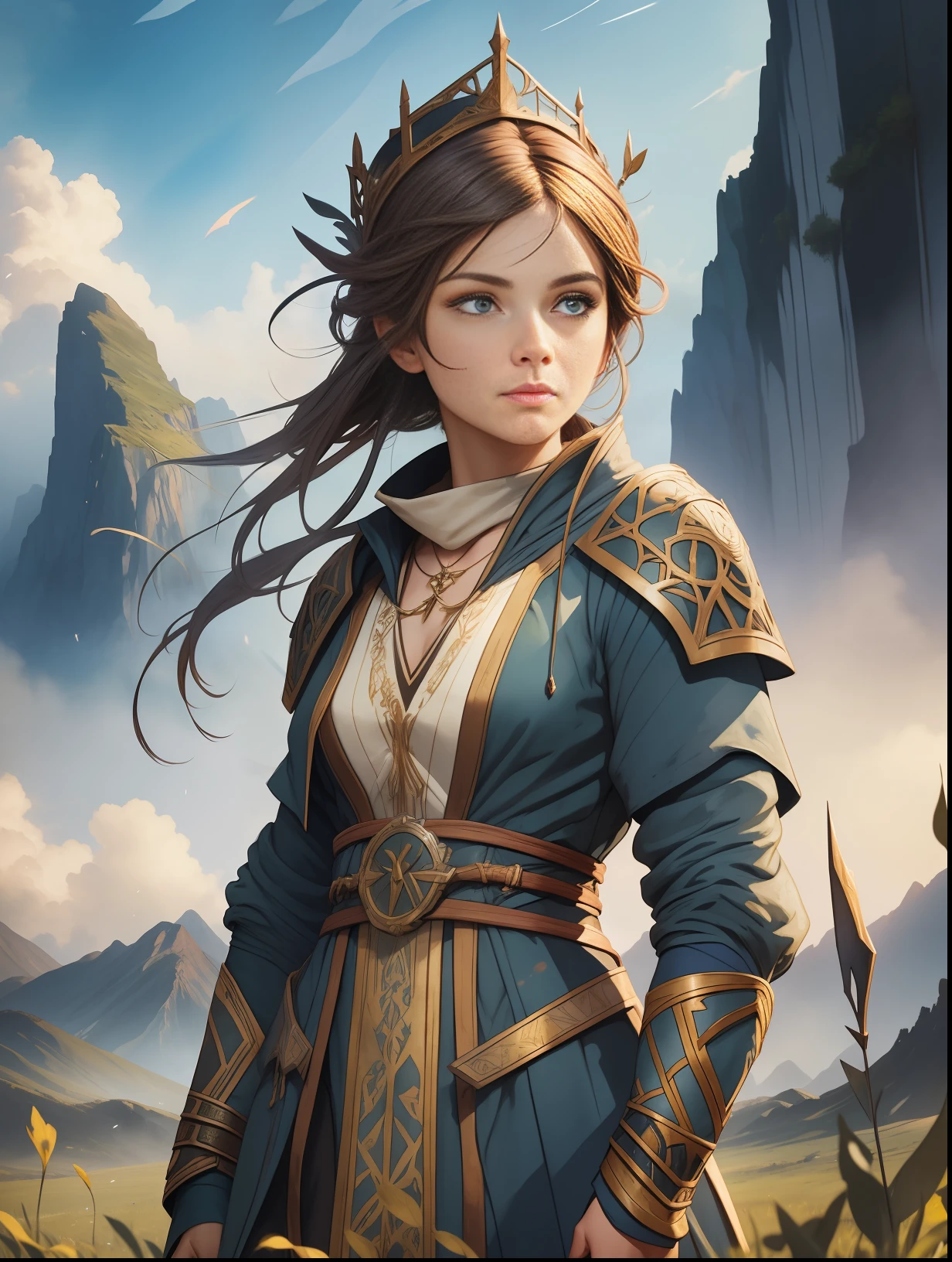 young woman RPG character wizard standing in the field, blue clothes, mountains in the background, full body, light clothes, light hair, watercolor style, approaching perfection, pure form, concept art, by Brian Froud and Carne Griffiths and Wadim Kashin and John William Waterhouse, intricate details, 8k post-production, high resolution, hyperdetailed, trend in artstation, sharp focus, studio photo, intricate detail, highly detailed, by Greg Rutkowski