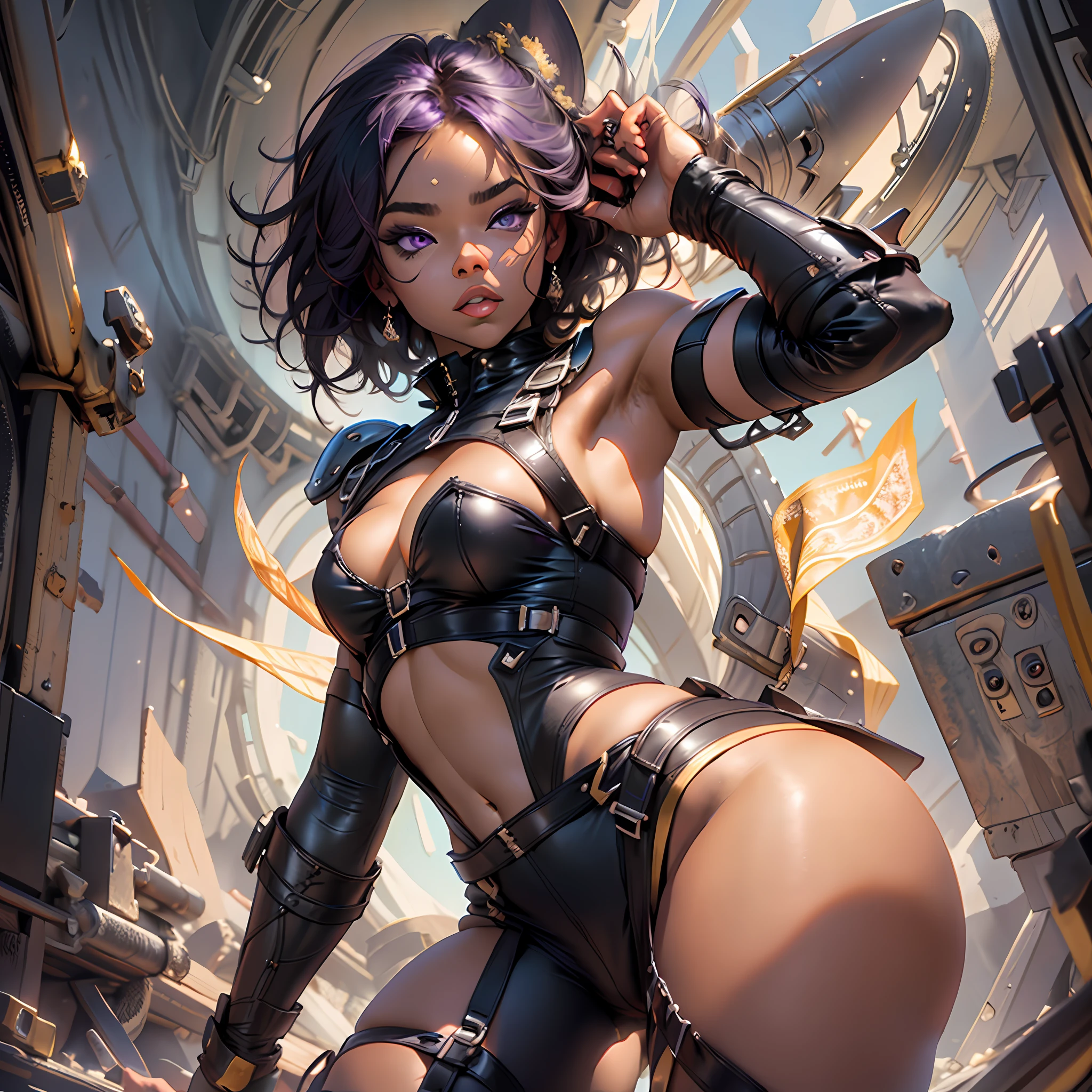 1 Black woman, medieval warrior, big tits, big ass, detailed waist, purple eyelids, beautiful, masterpiece, HD, dynamic lights, thick thighs, short hair, 8K.