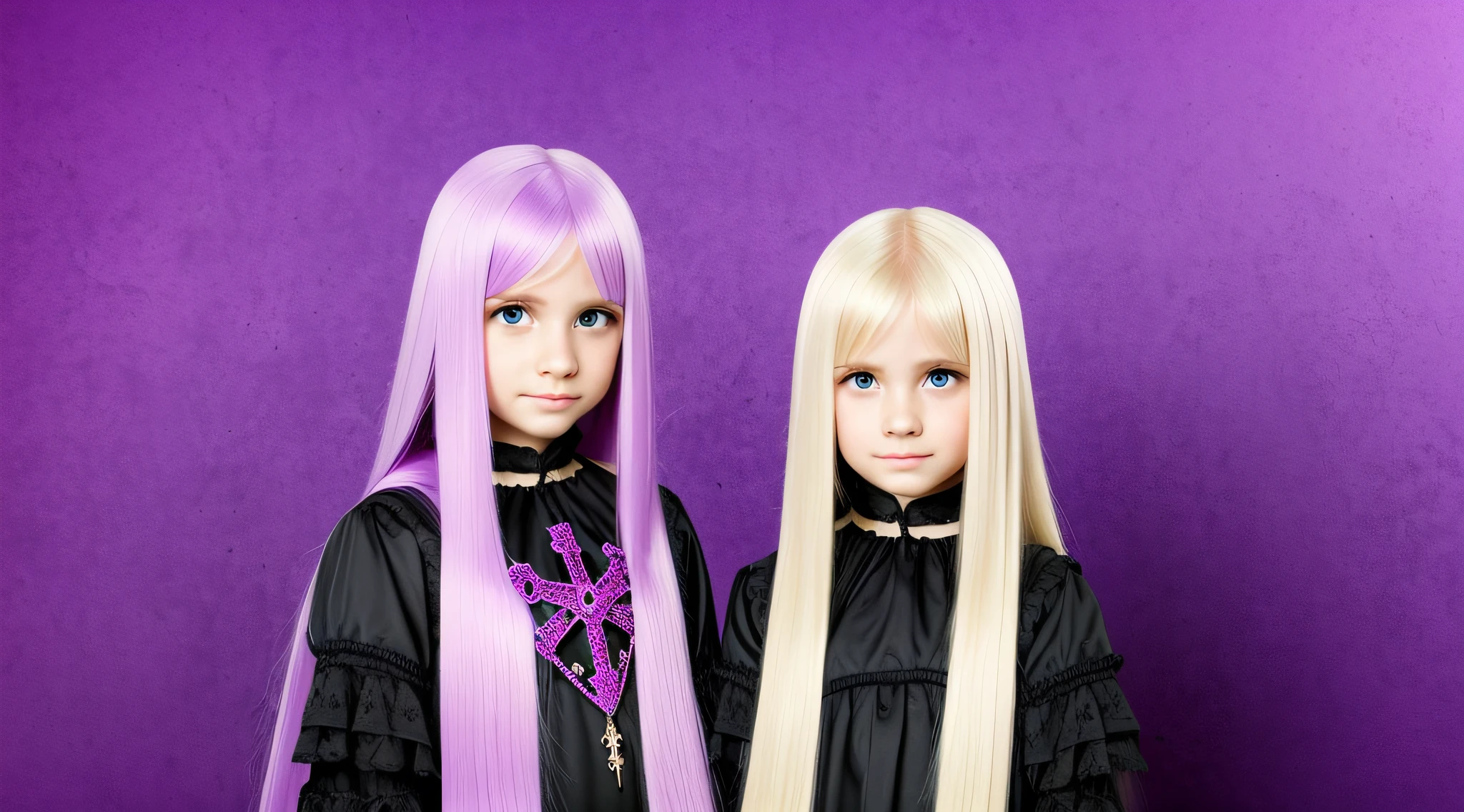 GIRLS CHILDREN, BLONDES WITH VERY LONG STRAIGHT GOTHIC HAIR, PURPLE BACKGROUND., BACKGROUND OF CROSSES.