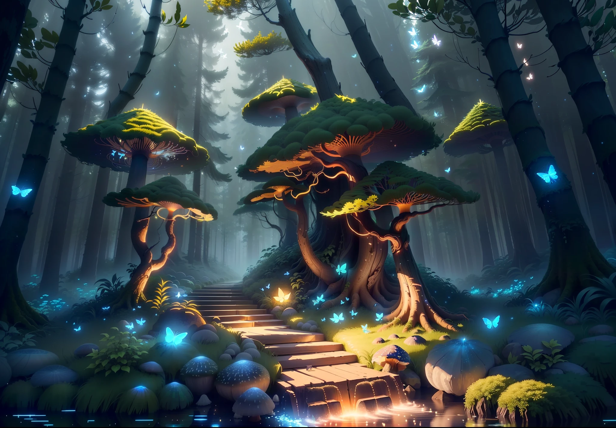 Masterpiece, best quality, (very detailed CG unity 8k wallpapers), (best quality), (best illustrations), (best shadows), forest theme with natural elements. Tall trees, quiet streams, glowing little mushrooms, surrounded by delicate leaves and branches, with fireflies and glowing particle effects,, (natural elements), (jungle theme), (leaves), (branches), ( fireflies), butterflies, (delicate leaves), (glow), (particle effects). , isometric 3D, Octane rendering, ray tracing, super detailed