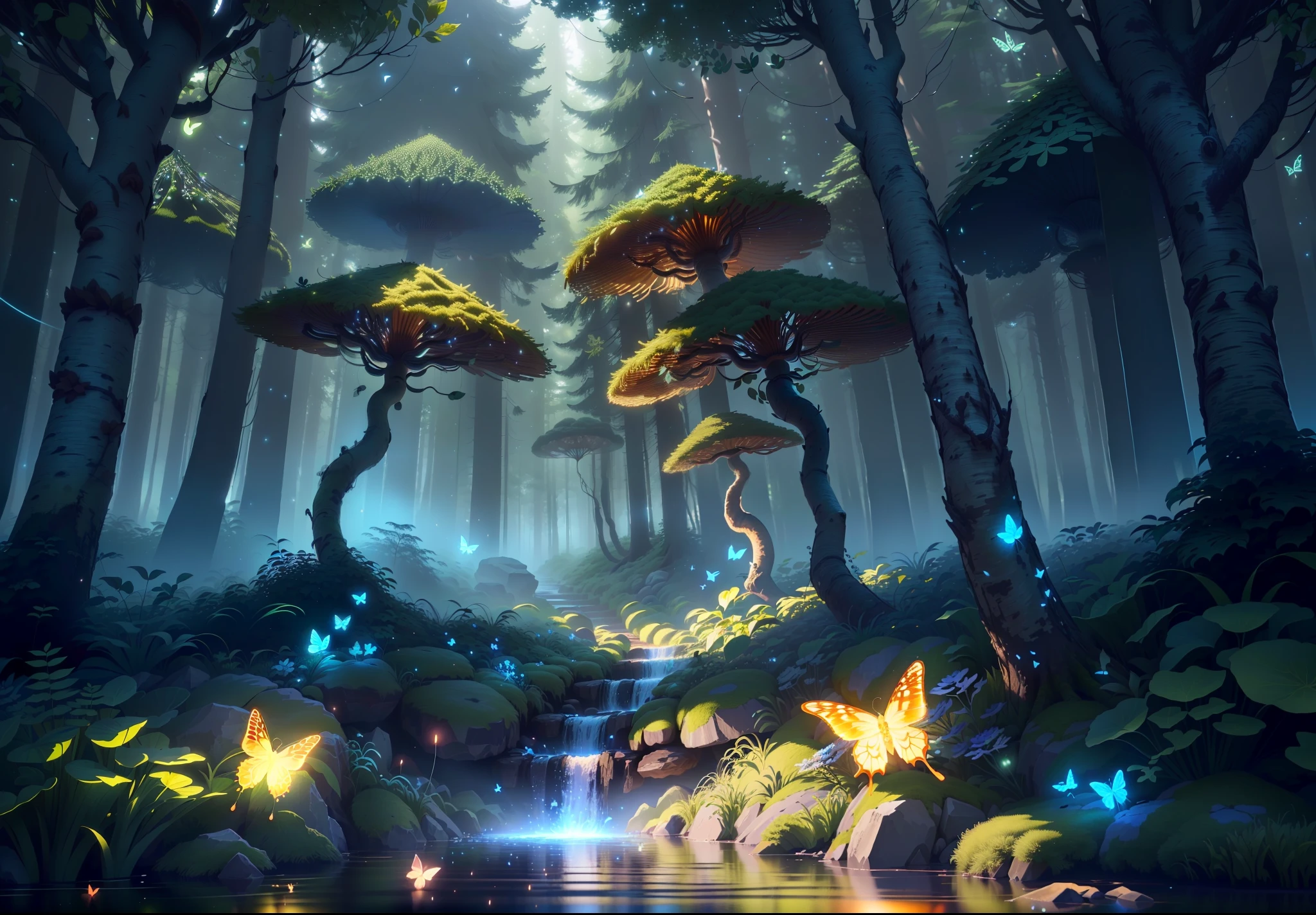 Masterpiece, best quality, (very detailed CG unity 8k wallpapers), (best quality), (best illustrations), (best shadows), forest theme with natural elements. Tall trees, quiet streams, glowing little mushrooms, surrounded by delicate leaves and branches, with fireflies and glowing particle effects,, (natural elements), (jungle theme), (leaves), (branches), ( fireflies), butterflies, (delicate leaves), (glow), (particle effects). , isometric 3D, Octane rendering, ray tracing, super detailed