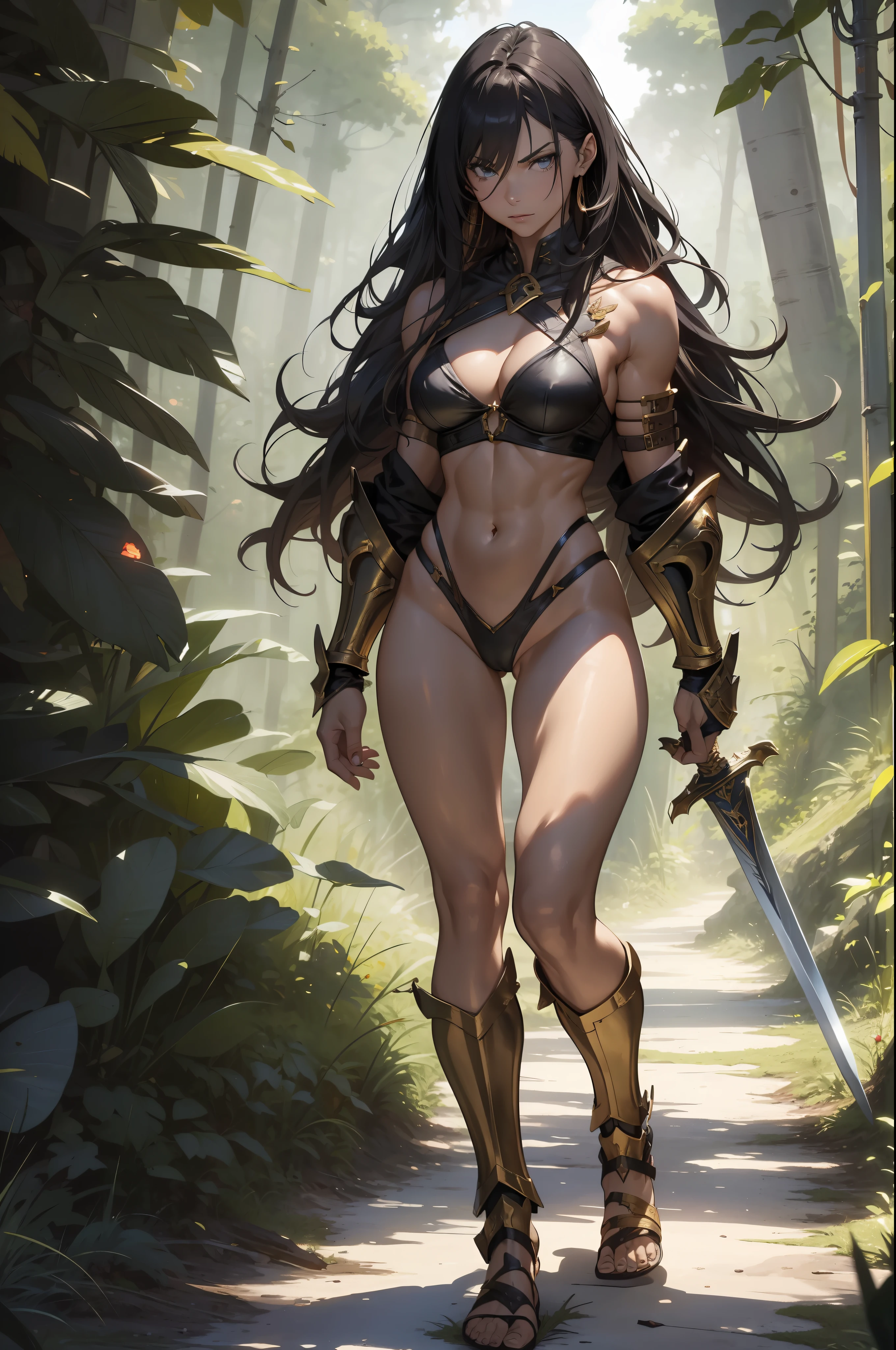 ((Simon Bisley)), Beautiful full-body woman, 30 years old, muscular and perfect body, ((back)), medieval warrior with little clothing, tiny thong, golden metal bra, arm covered by a metallic armor, large breasts, generous neckline, holding a blood-stained sword, brave face, dark kingdom, sexy pose, walking in a forest