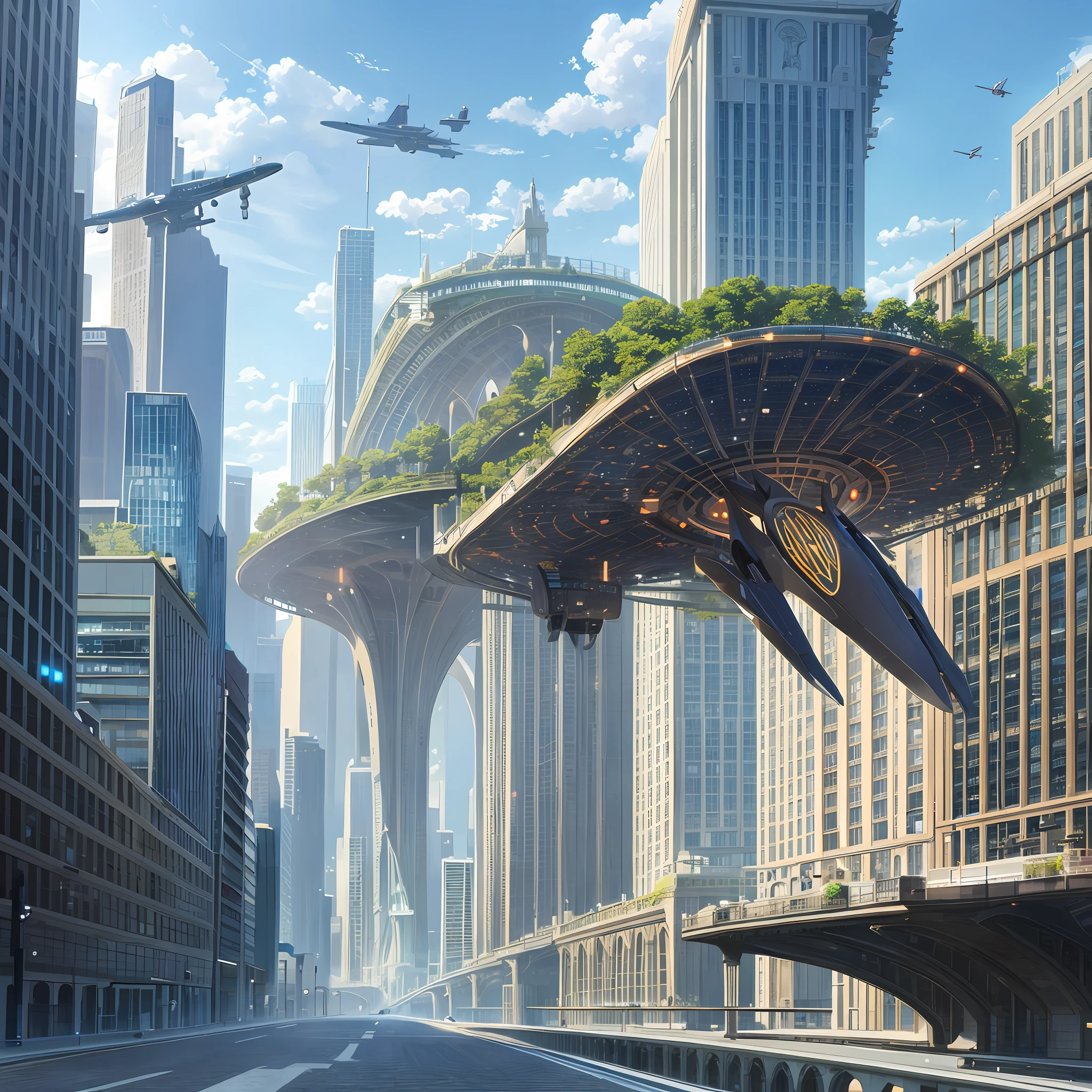 a magnificent city with state-of-the-art technology, filled with flying vehicles like the future. Many humans seem to use this sophisticated technology