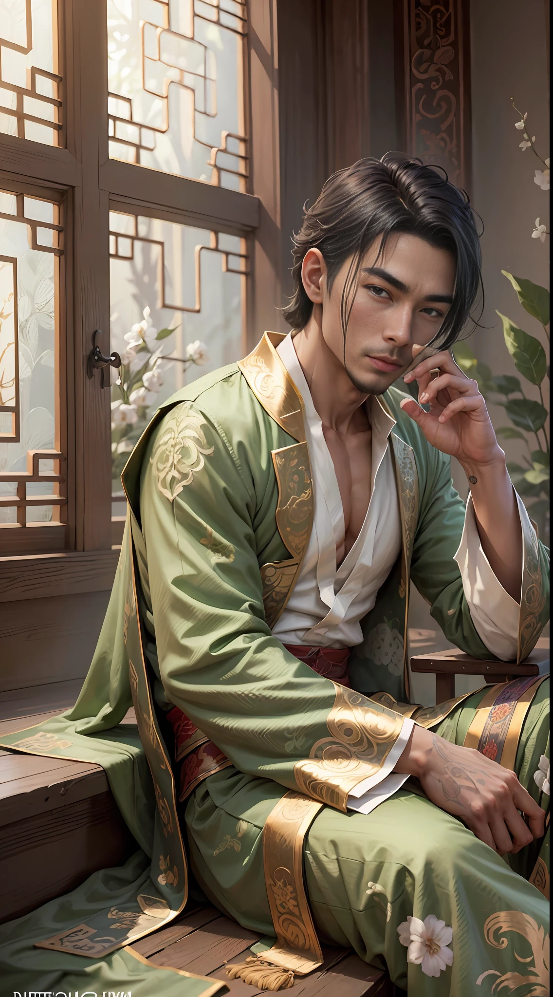 A man in a green Taoist robe sitting on a bed by the window, handsome boy, elegant boy, mysterious handsome man, Chinese male god, by Yang J, Gu Viz, 8k high quality detail art, Yang Jin, Yu Zhiding, the character is his natural pose, Zhong Yuan Festival, popular on cgstation --auto --s2