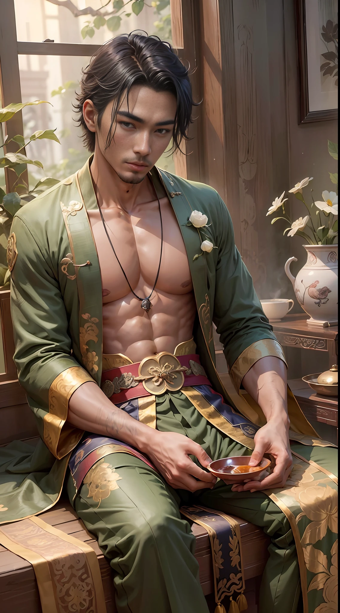 A man in a green Taoist robe sitting on a bed by the window, handsome boy, elegant boy, mysterious handsome man, Chinese male god, by Yang J, Gu Viz, 8k high quality detail art, Yang Jin, Yu Zhiding, the character is his natural pose, Zhong Yuan Festival, popular on cgstation --auto --s2