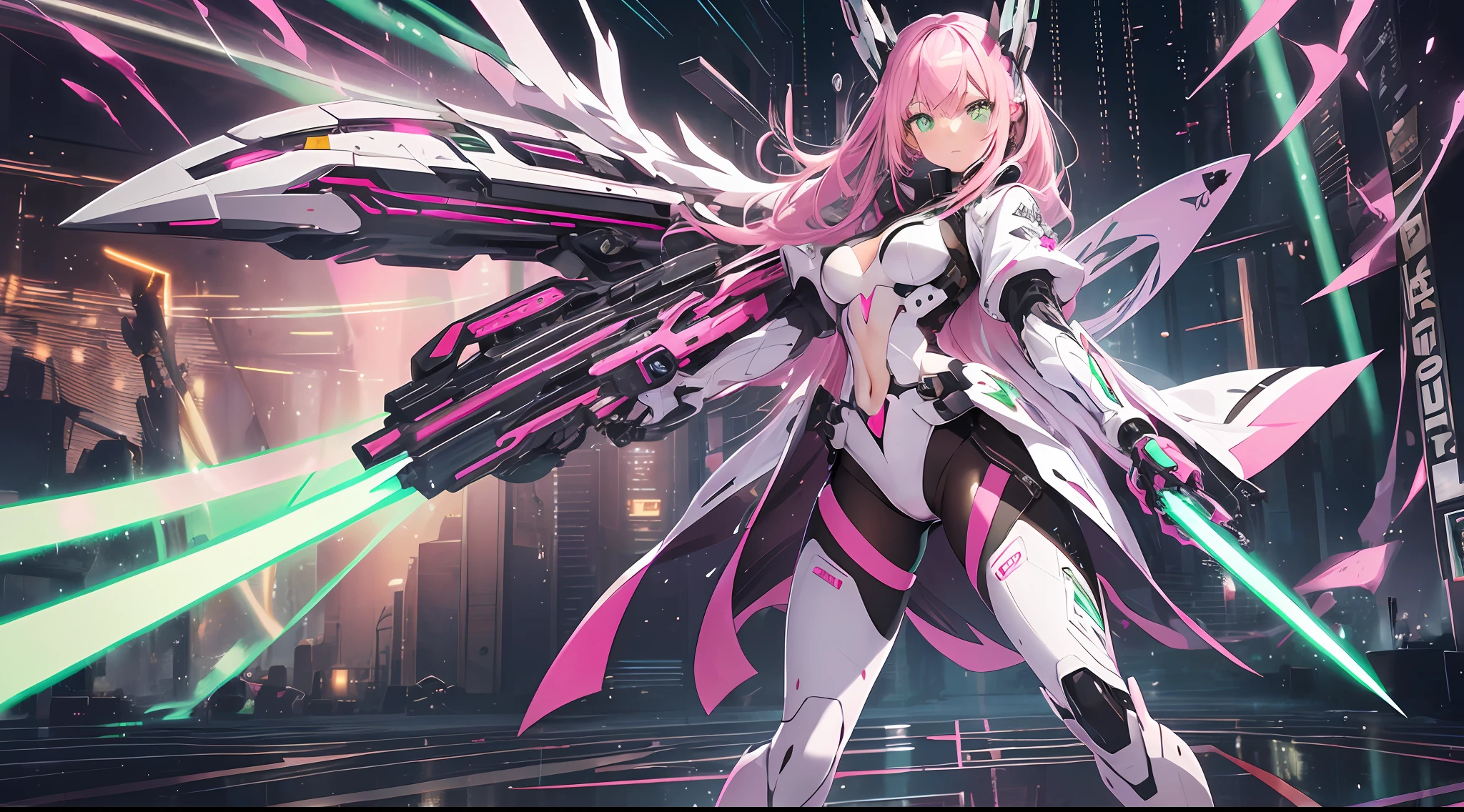 (((masterpiece)))fullbody,fullbodyshot (1 girl)(((pink hair, long hair,straight hair,two side up))), (((green eyes))),eyeshadow, eyeliner,glow eyes, hyper detailed eyes, intricate eyes, beautiful eyes, detailed eyes,((star-shaped pupils,glowing pink pupils))18-year-old girl.((wearing a Transparent jacket made of PVC material)).huge cool Gatling in hands, huge cool weapon machine, mecha, mechanism, machine, open stance,