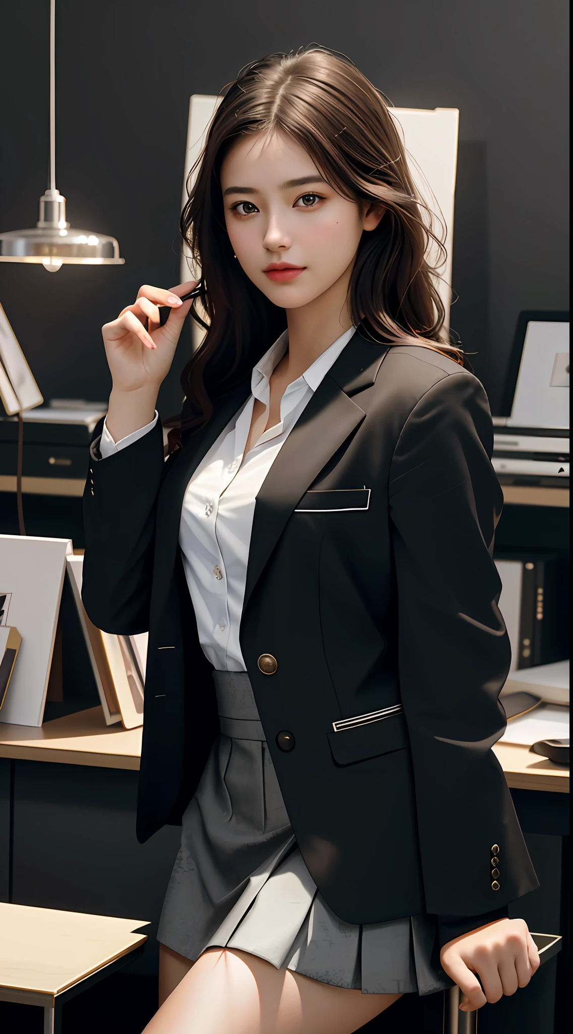 Top Quality, Masterpiece, 1 Girl, Beautiful Face, (Photorealistic Picture:1.3), Rim Lighting, (High Detail Skin:1.2), 8K UHD, DSLR, High Quality, High Resolution, 4K, 8K, Bokeh, Absurdity, Best Ratio Four Fingers and One Thumb, (Real:1.3), Small Face, Cute One Girl, Black Formal Blazer, Middle Breast, Short Skirt,Office