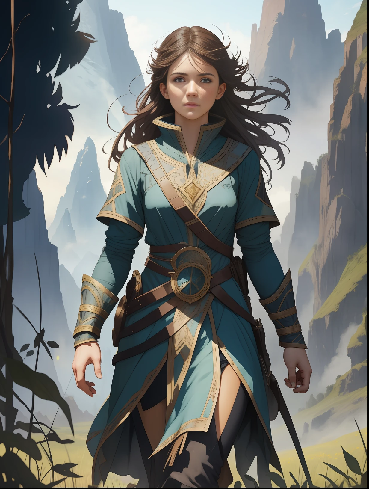 young woman RPG character wizard standing in the field, blue clothes, mountains in the background, full body, light clothes, light hair, watercolor style, approaching perfection, pure form, concept art, by Brian Froud and Carne Griffiths and Wadim Kashin and John William Waterhouse, intricate details, 8k post-production, high resolution, hyperdetailed, trend in artstation, sharp focus, studio photo, intricate detail, highly detailed, by Greg Rutkowski