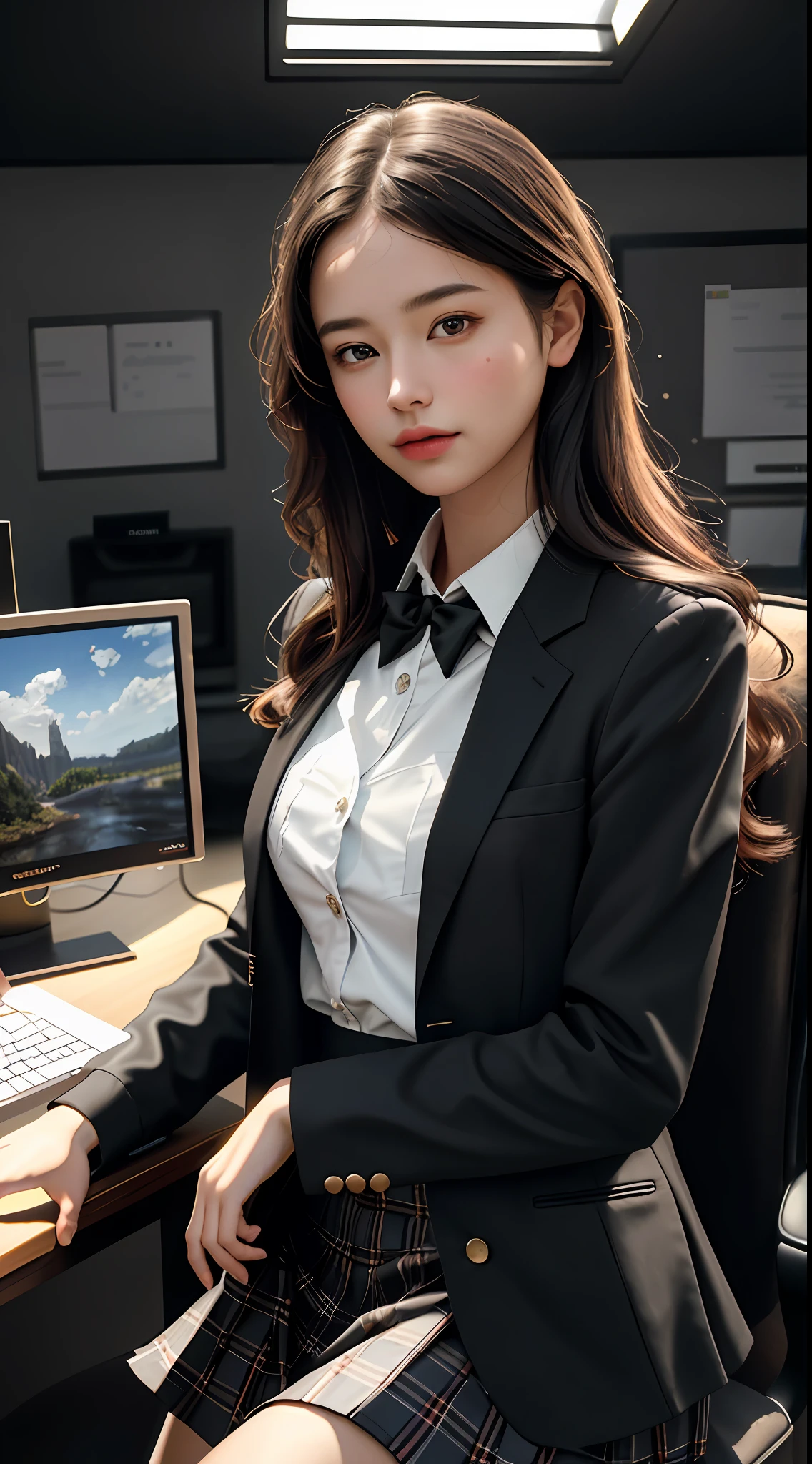 Top Quality, Masterpiece, 1 Girl, Beautiful Face, (Photorealistic Picture:1.3), Rim Lighting, (High Detail Skin:1.2), 8K UHD, DSLR, High Quality, High Resolution, 4K, 8K, Bokeh, Absurdity, Best Ratio Four Fingers and One Thumb, (Real:1.3), Small Face, Cute One Girl, Black Formal Blazer, Middle Breast, Short Skirt,Office