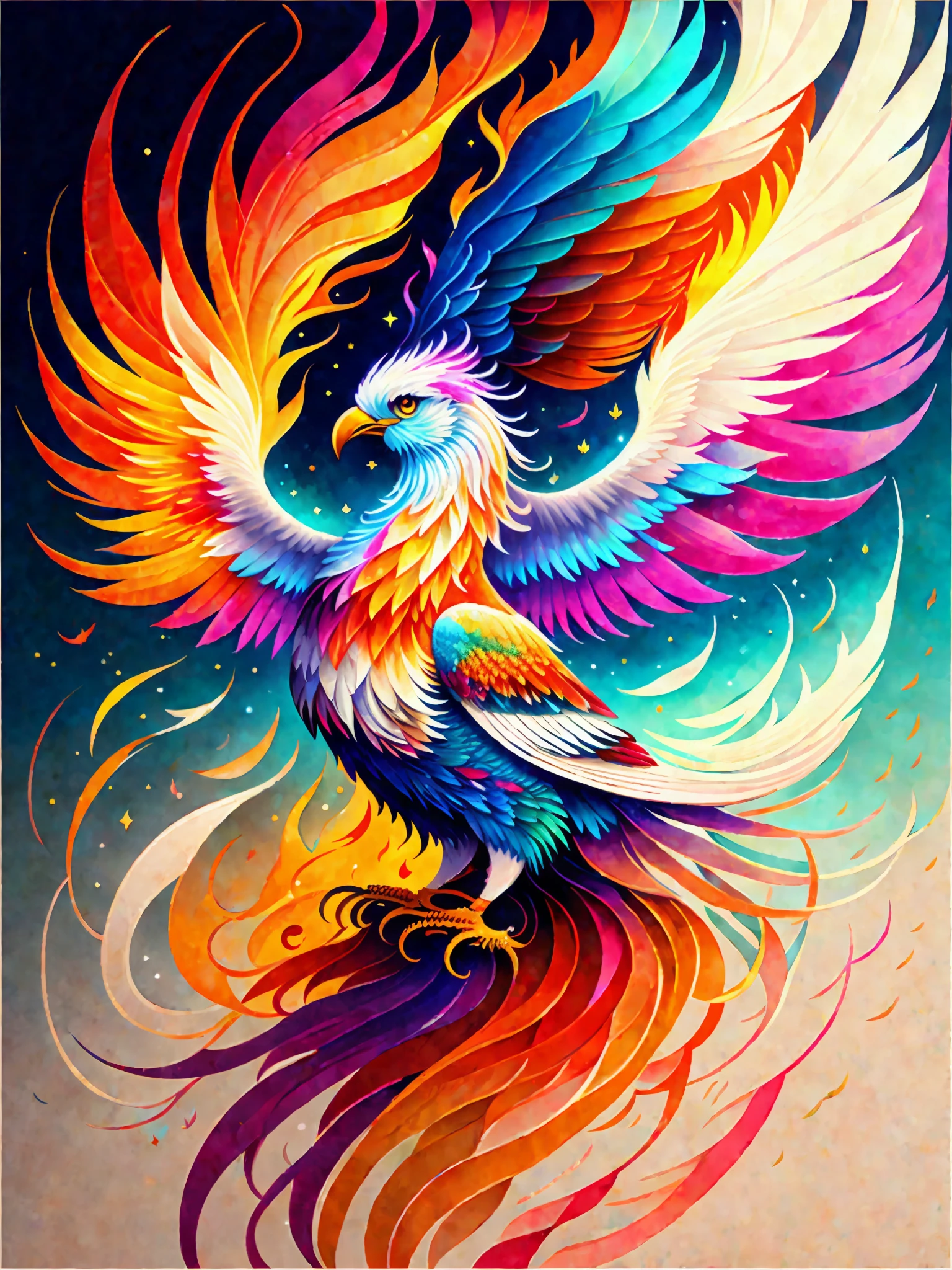 Colorful bird painting, phoenix rising from the ashes, breathtaking rendering, in radial connection, Kinuko Y. craft inspired, melting Valpix, magic element, white eagle icon, wow, beautiful, multi cast colored spell, bright flare, flare