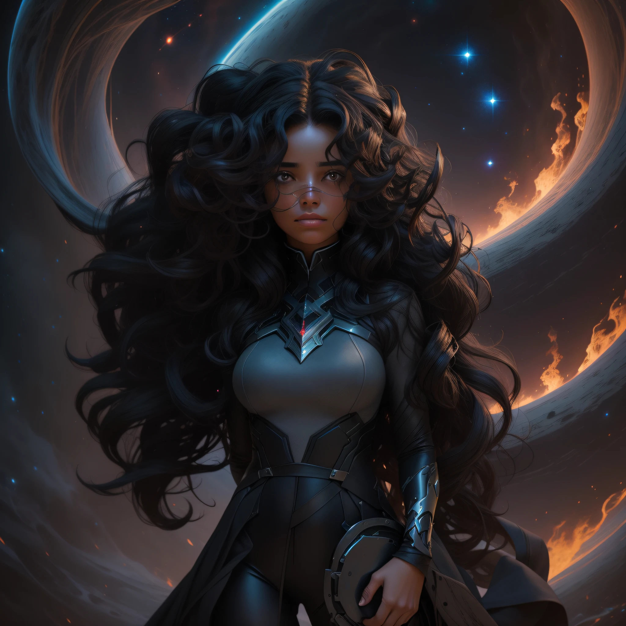 A dark woman with long curly hair emerges her burning figure in an environment of absolute infinite cosmos, her tears are stars