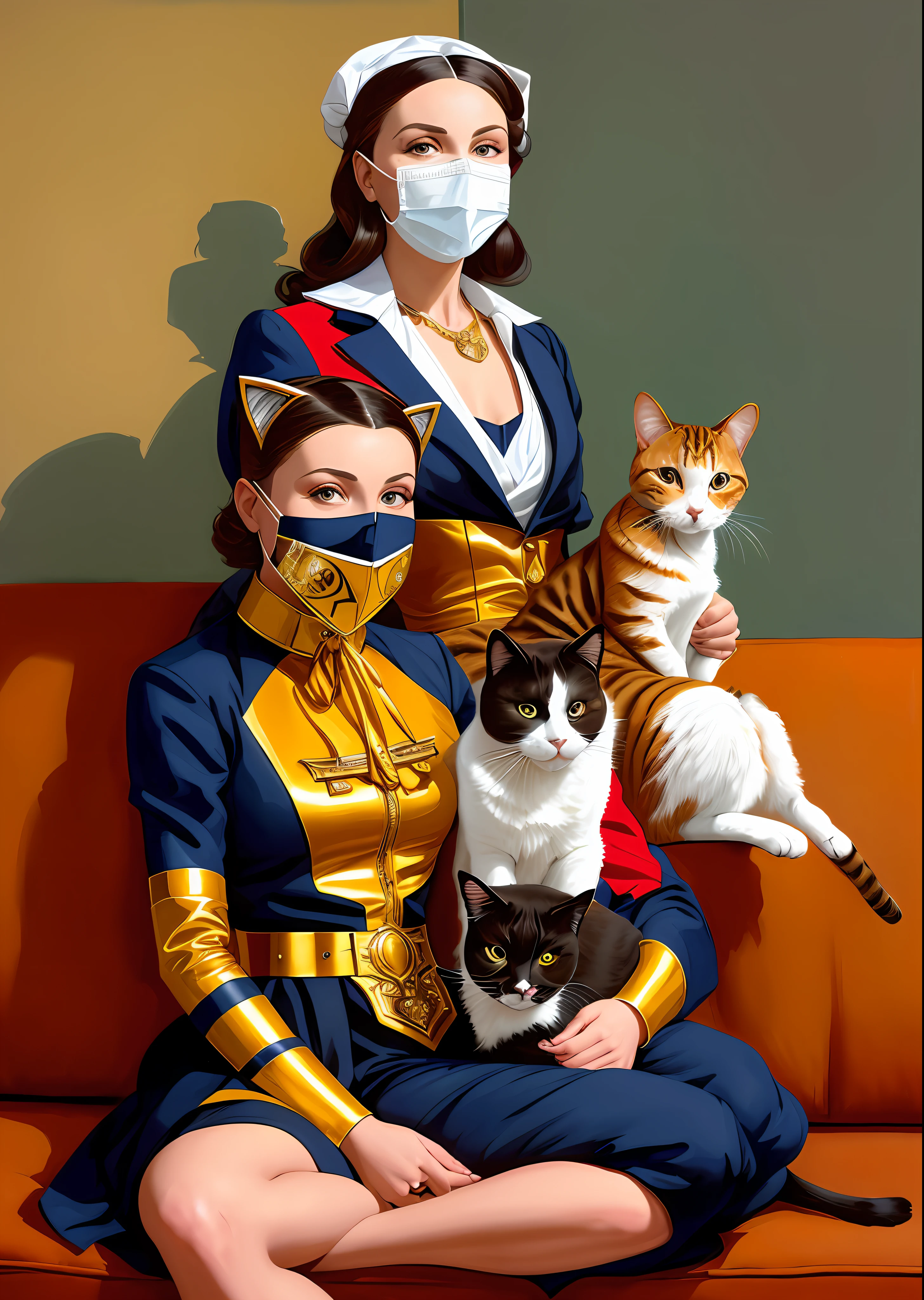 painting of a woman with a mask and a cat on a couch, inspired by J. C. Leyendecker, inspired by J.C. Leyendecker, part leyendecker style, inspired by joseph christian leyendecker, face of mad pulcinella, tristan eaton & greg rutkowski, added detail, tristan eaton, adrian borda