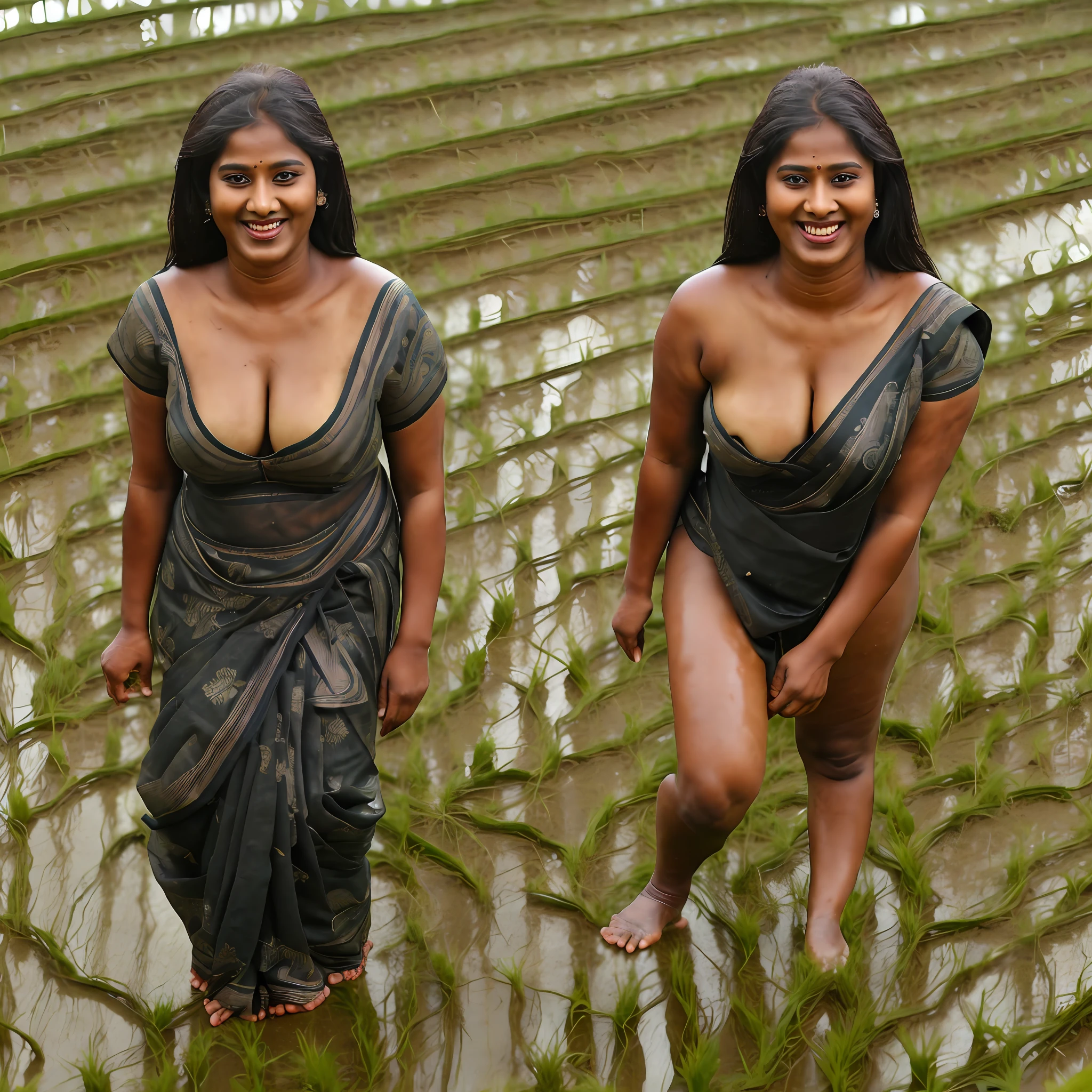 Side by side photo of a mallu village woman , (saree:1.2), bent forward plucking paddy, ((paddy field:1.4)),fair skin,tall, seductive, detailed cute face, full lips, smiling, hyper realistic, ((skinny:1.0)), clothed, full body shot, visible navel, (visible thighs:1.4), cleavage, messy black hair