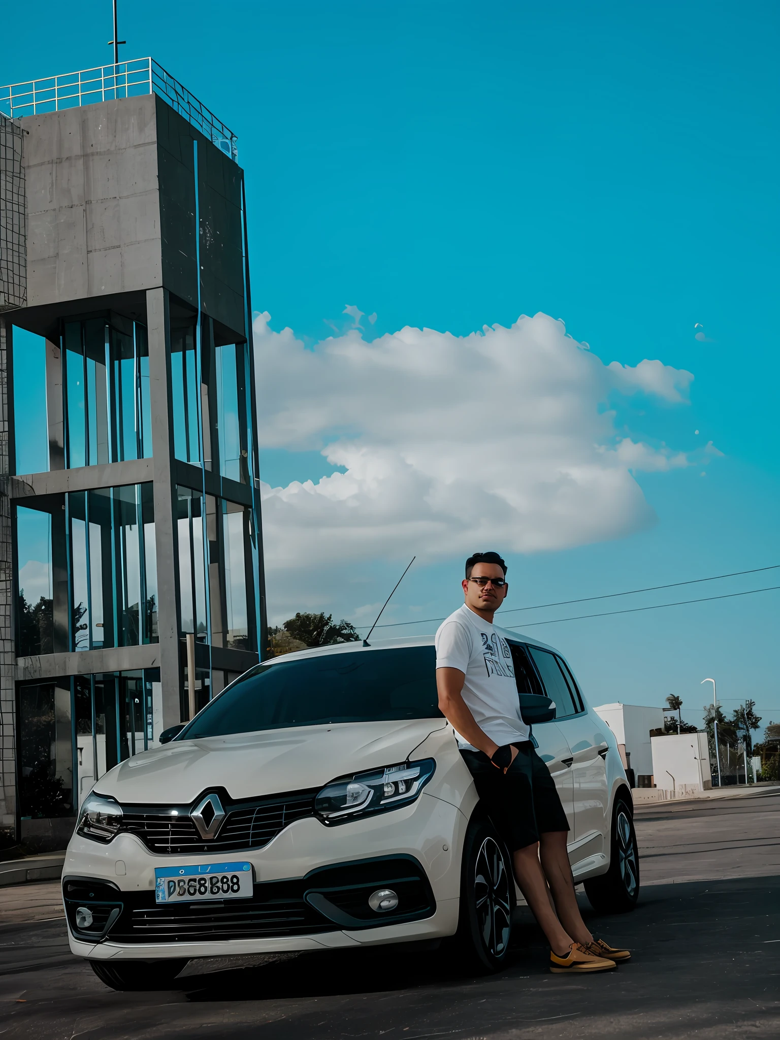 Arfed man leaning against a car in front of a building, Renault Ultim, taken with Sony Alpha 9, front photo, 4K post, 4K post, by Bruno Wallace, Renault, manual, transformers, cyber punk