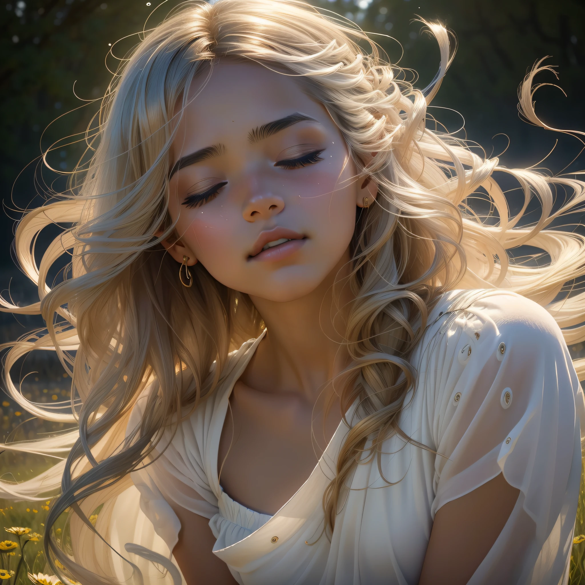 In the middle of an open field, where nature stretches as far as the eye can see, a young woman of about 15 years stands out. Her skin is dark and her hair is full of voluminous curls that dance in the wind. She is immersed in the tranquility of the moment, closing her eyes gently.

Sunlight pours over her, embracing her face with its golden rays. This soft lighting enhances the texture of your skin and highlights the delicate contours of your features. A faint smile is drawn on his lips, revealing a serenity and gratitude within.

As the sun's rays penetrate through her closed eyelids, tears gently slide down her cheeks, shining like gleaming little pearls. These tears are witnesses of deep emotions, a mixture of joy, sadness and hope, which manifest themselves in their expression and in the marks they leave on their face.

The girl surrenders to the moment, allowing the tears to flow freely, without shame or embarrassment. They are symbols of your sensitivity and the intensity of your emotions. She finds an intimate beauty in this act of allowing herself to feel, embracing vulnerability as a force that strengthens her.

The surrounding environment contributes to the emotionally charged atmosphere. The open countryside stretches as far as the eye can see, with undulating grasses and colorful flowers dotting the landscape. The sky is a vast blue canopy, offering a dramatic contrast to the young woman and her bright tears.

This image captures the delicacy and strength that coexist in the essence of the young woman. She finds peace and connection with herself and the world around her, closing her eyes and allowing sunlight and tears to intertwine in a moment of pure authenticity. It is a portrait of the beauty that lies in vulnerability and the ability to feel deeply.