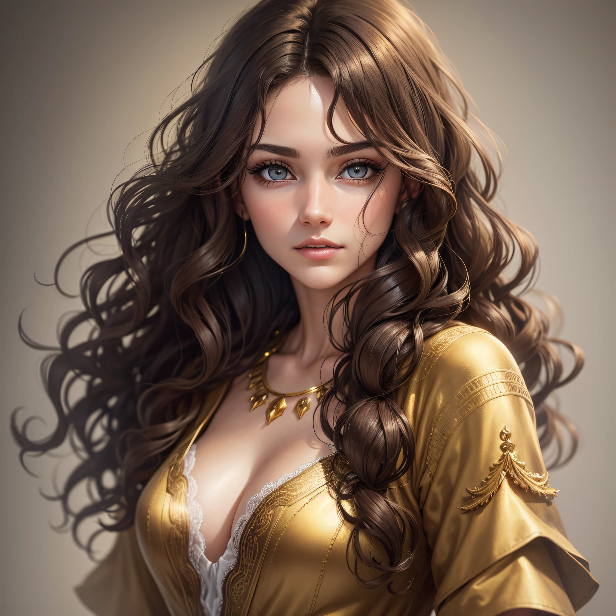 western, brunette woman, detailed eyes in lock clothing, curly hair, golden skin, in high quality, realistic --auto --s2