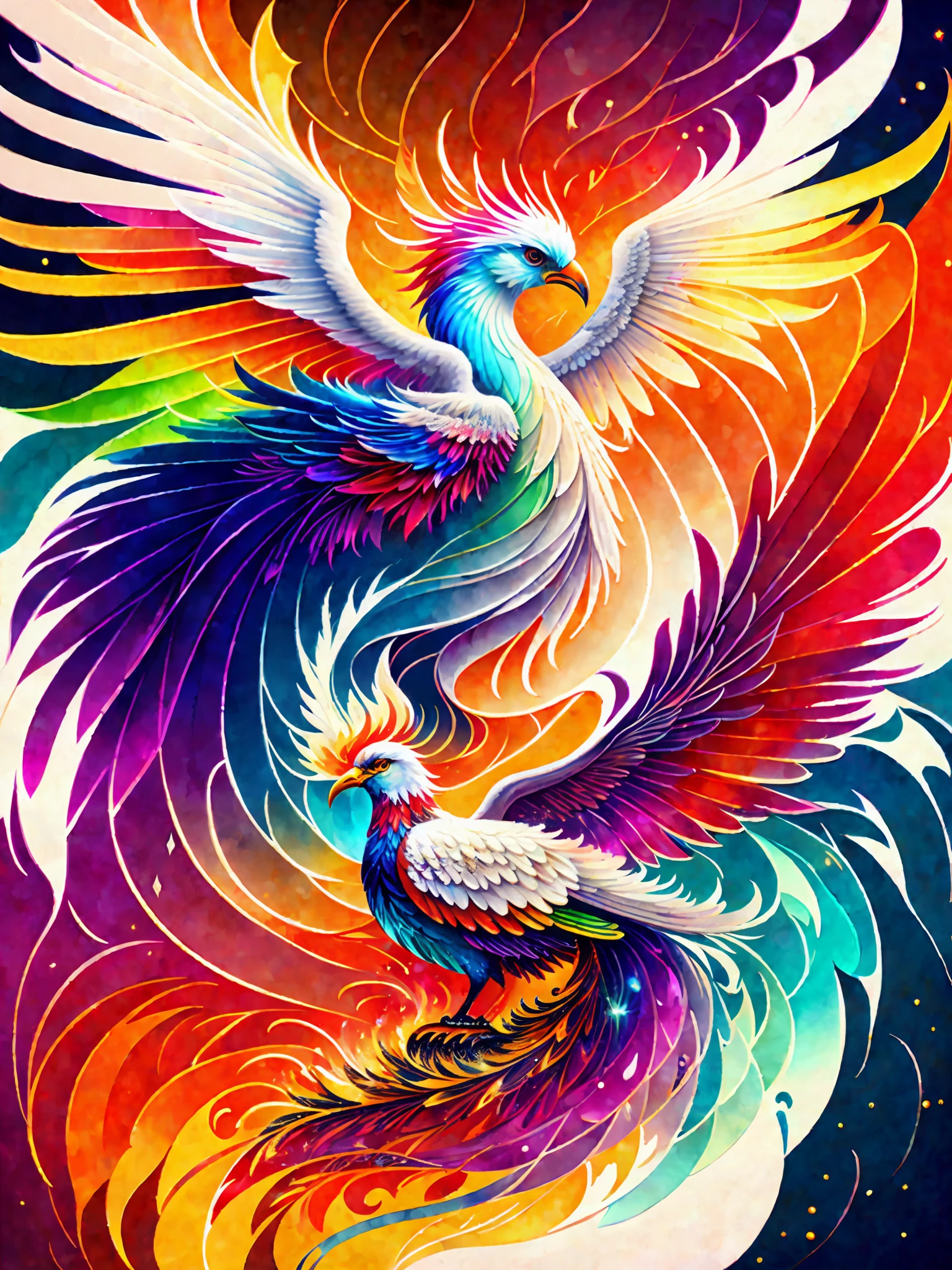 Colorful bird painting, phoenix rising from the ashes, breathtaking rendering, in radial connection, Kinuko Y. craft inspired, melting Valpix, magic element, white eagle icon, wow, beautiful, multi cast colored spell, bright flare, flare