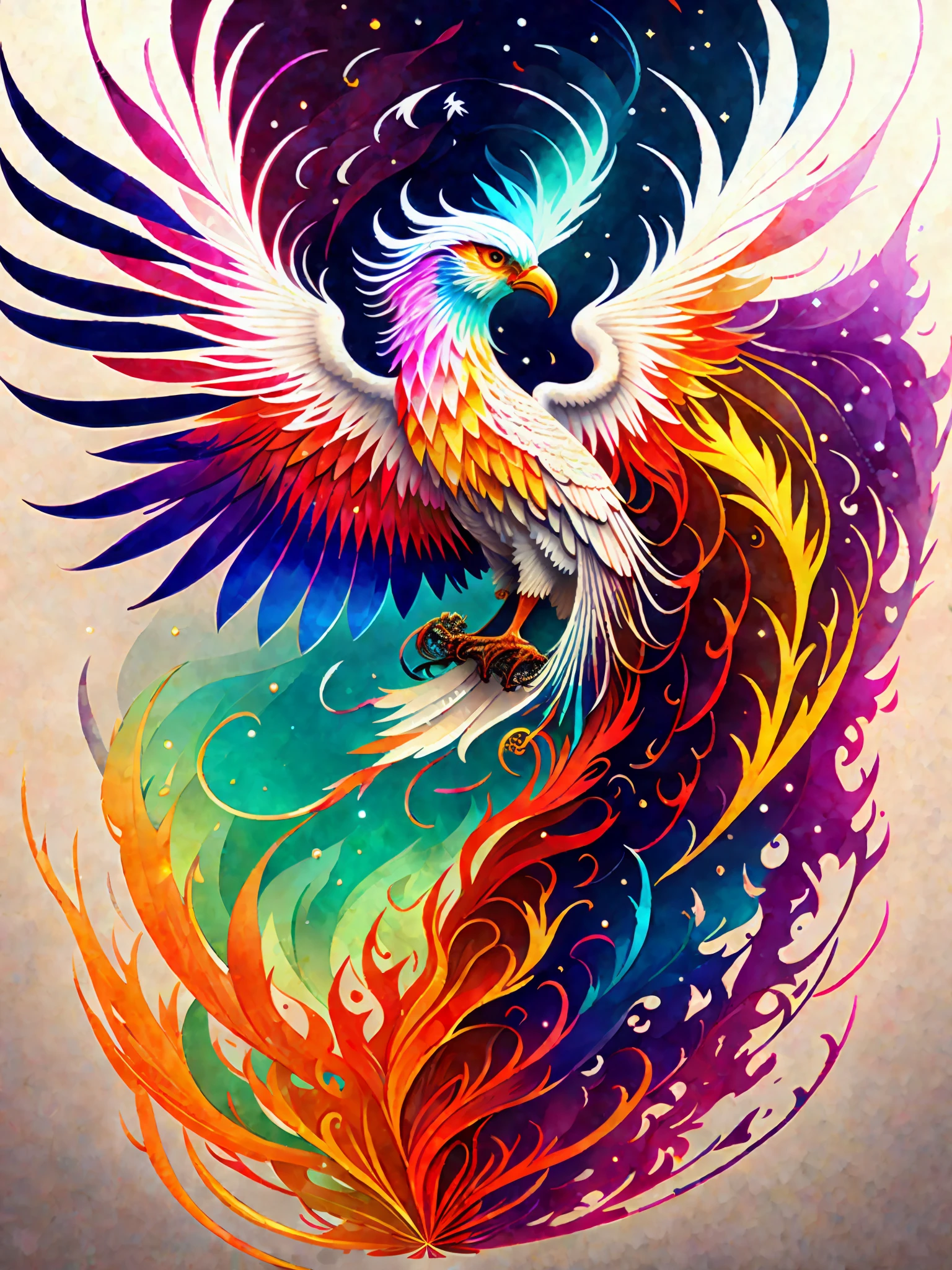 Colorful bird painting, phoenix rising from the ashes, breathtaking rendering, in radial connection, Kinuko Y. craft inspired, melting Valpix, magic element, white eagle icon, wow, beautiful, multi cast colored spell, bright flare, flare