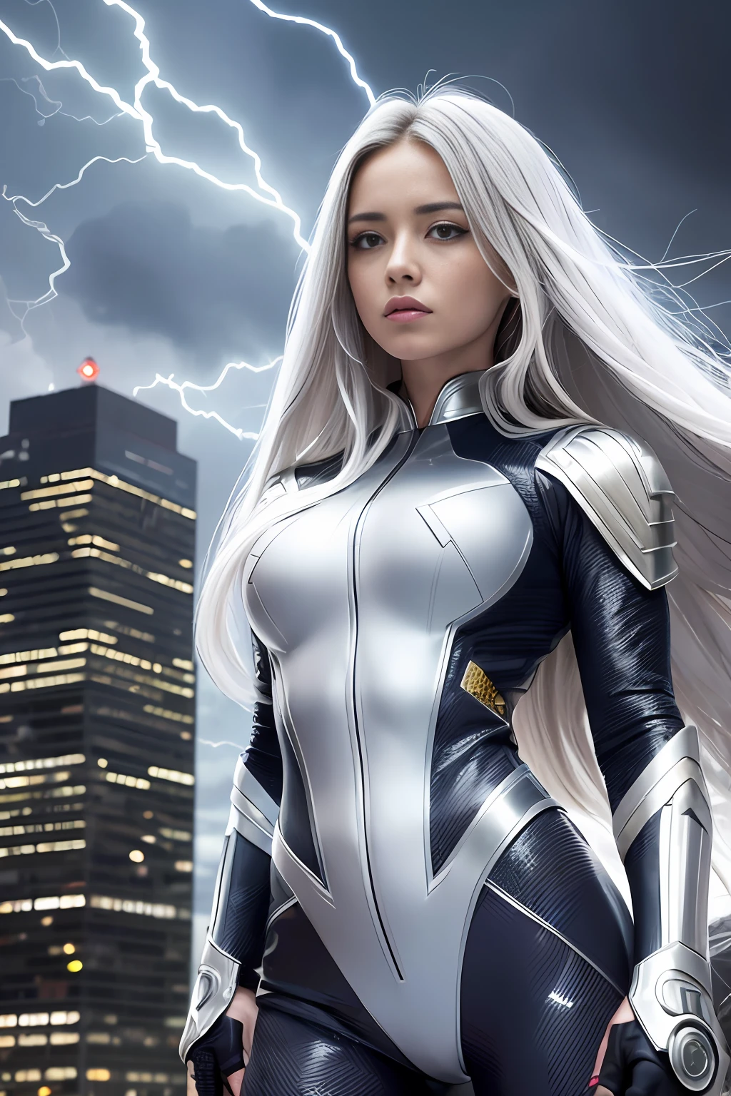 Ana de Armas (Masterpiece, 4k resolution, ultra-realistic, very detailed), (Silver superhero theme, charismatic, there is a girl on top of the city, wearing X-MAN Storm costume, she is a superhero ), [((18 years old), (long white hair:1.2), full body, (gray eyes:1.2),show of strength, ((sandy urban environment):0.8), (cityscape, night, dynamic lights ), (dark clouds with lightning), (full moon))] # Explanation: Prompt mainly describes an ultra-high definition 4K painting, very realistic, very detailed. It shows a female superhero on top of the city, wearing an X-MAN Storm suit. The subject in the painting is a white superhero subject, the female protagonist has long white hair, is 18 years old, and her whole body is shown in the painting. In terms of portraying the actions of superheroines, lightning bolts around their hands --auto --s2