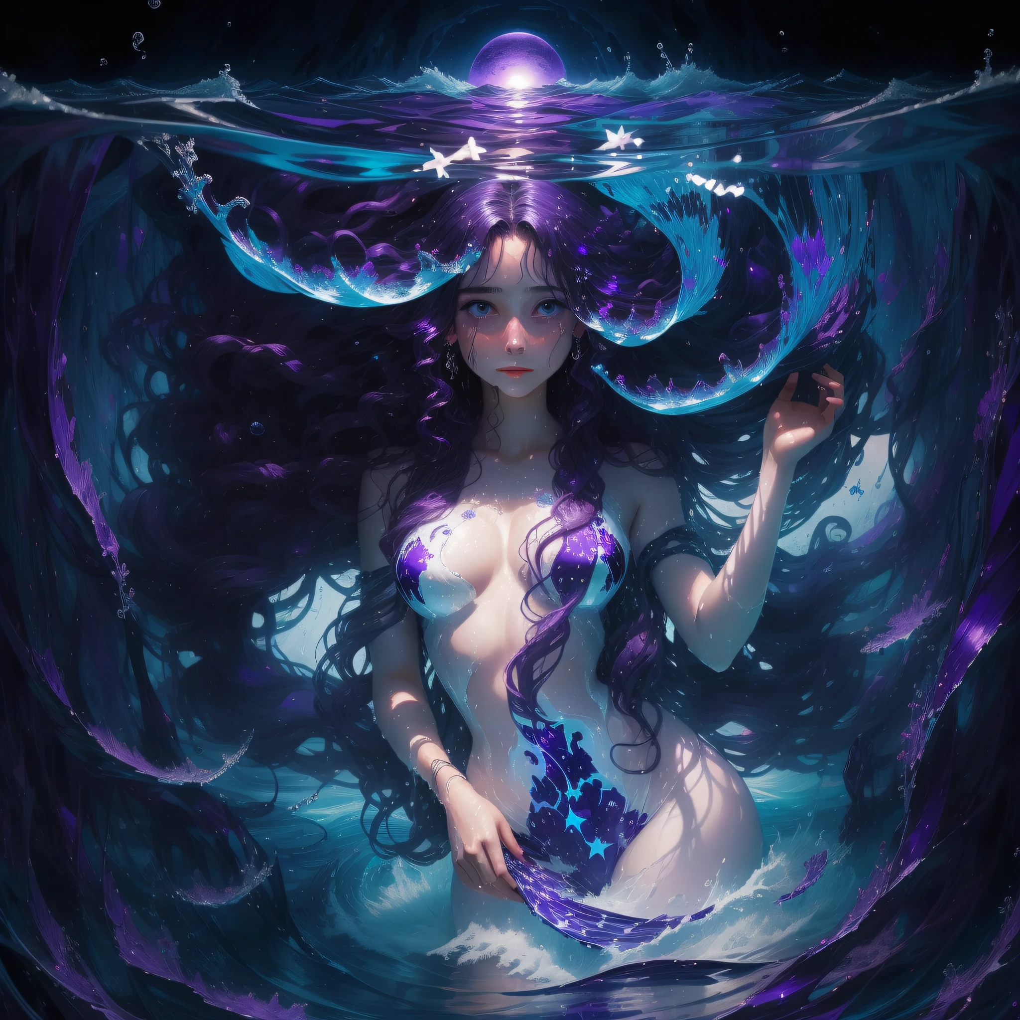 A dark woman with long, white curly hair emerges her figure in water in an environment of infinite violet cosmoswith soft blue tones, her tears are stars